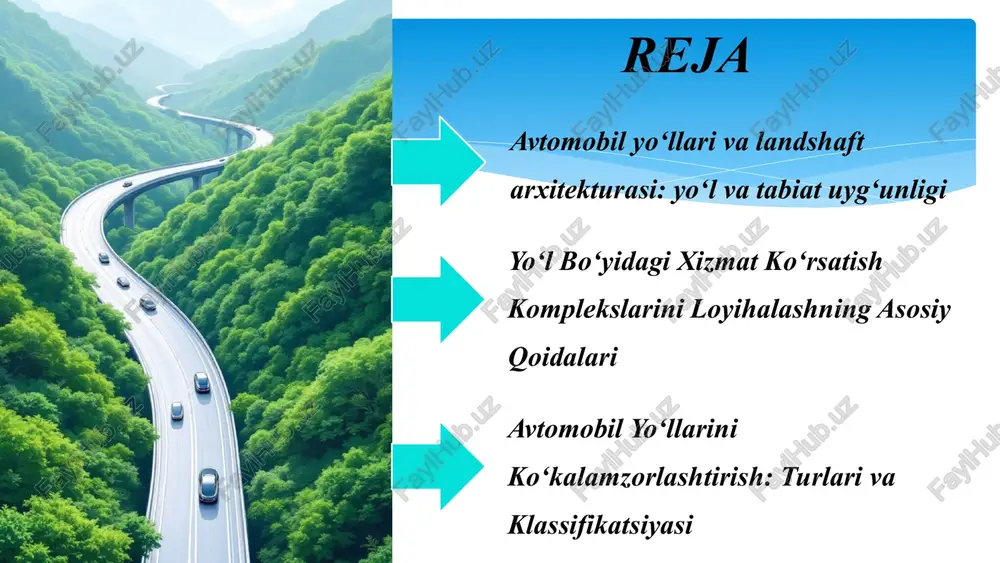 alishi, yo‘l kengligi va vizual xavfsizlik landshaft dizaynini belgilovchi asosiy omillardir. 3 adaptiv misollar masalan, o‘rta yer dengizi mintaqasida nerium oleander (zaharli, lekin chidamli) va rosemary kabi turdagi o‘simliklar keng qo‘llaniladi. 5 zamonaviy misolar: ekologik va estetik loyihalar réunion orolidagi yo‘l tamarins yo‘li atrof-muhitni saqlab qolish bo‘yicha eng yaxshi amaliyotlardan biri bo'lib, nozik ekologiyani himoya qilgan holda qurilgan. meksika shahri yechimi ko‘prik ustunlariga o‘simliklar qoplamasi o‘rnatish orqali shaharning havosini tozalash va estetikani oshirishga erishilgan. illinois shtatidagi aylanmalar aylanma maydonlarda suvni tozalash (bioswale) va shovqinni kamaytirish tizimlari muvaffaqiyatli joriy etilgan. 6 xulosa: yo‘l va landshaft – barqaror kelajak yo‘lida hamrohlar landshaft arxitekturasi avtomobil yo'llarining ajralmas qismi bo'lib, kelajak avlodlar uchun atrof-muhitni saqlashga xizmat qiladi. 01 uyg‘unlikni ta’minlash yo‘l qurilishi va landshaft dizaynining uzviy bog‘liqligi ekologik muvozanatni ta’minlashning asosidir. 02 rivojlanish sur’atlari o‘zbekiston shahar va transport hududlarida landshaft arxitekturasini rivojlantirish bo‘yicha salmoqli ishlar olib borilmoqda. 03 ekologik yondashuv barqaror va go‘zal yo‘llar …