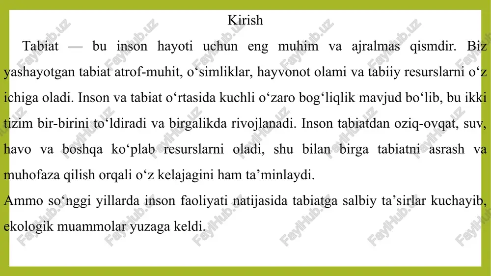 tni asrab-avaylash — har bir insonning muhim vazifasi hisoblanadi. atrof-muhitni toza saqlash, o‘rmonlarni himoya qilish, suv va havo resurslaridan oqilona foydalanish orqali inson tabiatning sog‘lomligini ta’minlay oladi. shuningdek, chiqindilarni kamaytirish, qayta ishlash va tabiatga zarar yetkazuvchi harakatlardan tiyilish muhimdir. insonlar tabiatni muhofaza qilish bilan nafaqat hozirgi avlod, balki kelajak avlod uchun ham sog‘lom va barqaror muhit yaratadi. xulosa tabiat va inson o‘rtasidagi bog‘liqlik qadimdan mavjud bo‘lib, ular bir-birini to‘ldiruvchi va bir-biriga bog‘liq tizimlar hisoblanadi. tabiat insonning hayoti uchun zarur bo‘lgan barcha resurslarni taqdim etadi: toza havo, suv, oziq-ovqat, dori-darmonlar va boshqa ko‘plab boyliklarni. shu bois, tabiatning sog‘lomligi insonning sog‘ligi va farovonligi bilan bevosita bog‘liq. ammo so‘nggi yillarda inson faoliyati natijasida tabiatga zarar yetkazish holatlari ko‘payib, ekologik muammolar kuchaymoqda. sanoatlashuv, shaharsozlik, o‘rmonlarni kesish, ifloslanish kabi omillar tabiat muvozanatini buzmoqda va bu jarayonlar nafaqat tabiatga, balki insonlarning o‘ziga ham tahdid solmoqda. foydalanilgan adabiyotlar karimov a. – tabiat va inson munosabatlari, toshkent: “fan …