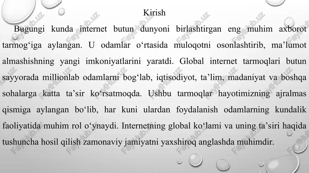 tomonlari global internet tarmoqlari inson hayotiga ko‘plab ijobiy imkoniyatlar yaratdi. avvalo, ular orqali odamlar bir-biri bilan tez va oson aloqa qila olishmoqda, bu esa masofa va vaqt chegarasini yo‘qqa chiqarmoqda. shu bilan birga, internet ko‘ngilochar imkoniyatlarni ham kengaytirdi - musiqa tinglash, film ko‘rish, o‘yinlar o‘ynash kabi. biroq internetning salbiy tomonlari ham yo‘q emas. uni me’yoridan ortiqcha ishlatish inson salomatligiga zarar yetkazadi. shuningdek yolg‘on ma’lumotlar tarqalishi, shaxsiy ma’lumotlarning xavf ostida qolishi, real muloqotdan uzoqlashib, yolg‘izlik hissi paydo bo‘lishi kabi muammolar ham mavjud. xulosa bugungi kunda global internet tarmoqlari insoniyat hayotining ajralmas qismiga aylangan. u nafaqat aloqa vositasi, balki bilim olish, ishlash, xizmatlardan foydalanish, savdo qilish va hatto ko‘ngil ochish uchun ham keng imkoniyatlar yaratmoqda. internet orqali dunyoning istalgan nuqtasidagi odamlar bir-biri bilan bog‘lanib, fikr almashmoqda, hamkorlik qilmoqda va yangi imkoniyatlarni kashf etmoqda. ayniqsa, ta’lim va sog‘liqni saqlash sohalarida internet texnologiyalarining joriy etilishi zamonaviy taraqqiyotning muhim omiliga aylandi. biroq, bu imkoniyatlar bilan …