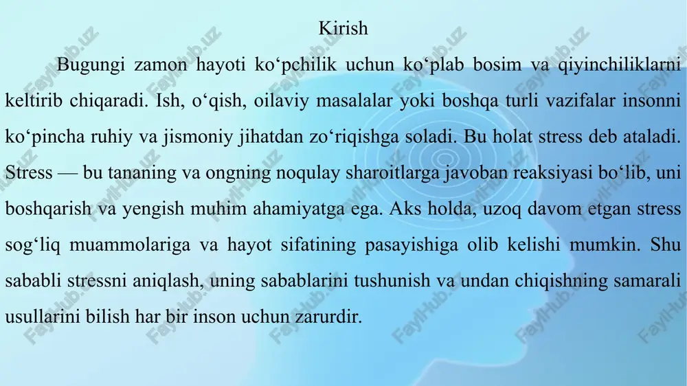 aytirish usullari nafas olish mashqlari tinch va chuqur nafas olish orqali tanadagi zo‘riqishni kamaytirish mumkin. bu usul asablarni tinchlantiradi va kayfiyatni yaxshilaydi. jismoniy faollik yurish, yugurish, sport bilan shug‘ullanish stressni kamaytiradi, organizmda endorfinlar — "baxt gormoni" ishlab chiqarilishini rag‘batlantiradi. dam olish va uyqu yetarli darajada dam olish va sifatli uyqu stressni kamaytirishda muhim ahamiyatga ega. xulosa stress hayotimizning ajralmas qismi bo‘lib, har bir inson uni boshdan kechiradi. ammo stressni boshqarish va kamaytirish usullarini bilish sog‘liq va ruhiy barqarorlik uchun juda muhimdir. nafas olish mashqlari, jismoniy faollik, dam olish, yaqinlar bilan muloqot va sevimli mashg‘ulotlar stressni kamaytirishda samarali vositalardir. shuningdek, vaqtni to‘g‘ri rejalashtirish va o‘zimizga g‘amxo‘rlik qilish ham stress darajasini pasaytiradi. shunday qilib, stressni o‘z vaqtida aniqlab, unga qarshi kurashish orqali sog‘lom va baxtli hayot kechirish mumkin. foydalanilgan adabiyotlar islomov a. “zamonaviy psixologiya asoslari”. toshkent, 2017. karimova d. “ruhiy salomatlik va stressni boshqarish”. toshkent, 2019. toshkent davlat psixologiya instituti, “stress va …