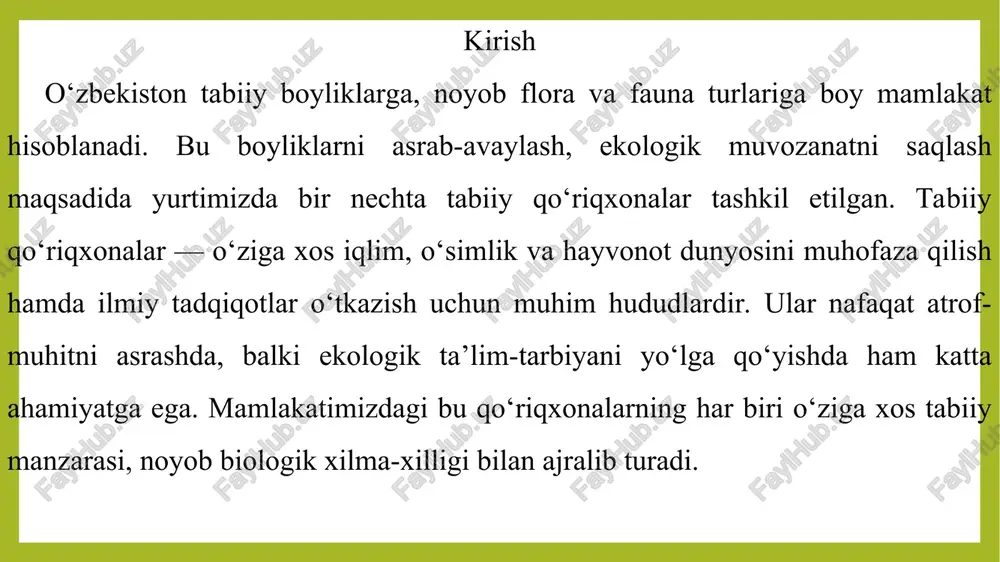 ati hududida joylashgan. tabiiy qo'riqxonalarning muhofazasi va rivojlantirish yo‘llari tabiiy qo‘riqxonalarning muhofazasi va rivojlantirish uchun bir qator chora-tadbirlar amalga oshiriladi. avvalo, qo‘riqxonalarda ekologik muvozanatni saqlash va noyob turlarni himoya qilish ustuvor vazifa hisoblanadi. bu uchun qoidalar va qonunlar ishlab chiqilib, ularning bajarilishi qat’iy nazorat qilinadi. tabiiy muhitning buzilishining oldini olish maqsadida insonga zarar yetkazuvchi faoliyatlarni cheklash, noqonuniy ov va o‘rmonlarni kesishni oldini olish muhimdir. shuningdek, ekologik ta’lim va targ‘ibot ishlarini kuchaytirish orqali aholining tabiatga bo‘lgan hurmatini oshirish lozim xulosa o‘zbekiston tabiati noyob va xilma-xil bo‘lib, uning boyligini asrab-avaylash har bir insonning mas'uliyatidir. tabiiy qo‘riqxonalarning roli ayniqsa katta, chunki ular nafaqat o‘ziga xos o‘simlik va hayvonot dunyosini muhofaza qiladi, balki inson va tabiat o‘rtasidagi muvozanatni ta’minlashga xizmat qiladi. qo‘riqxonalarda olib boriladigan ilmiy tadqiqotlar va monitoring orqali tabiiy jarayonlarni yaxshiroq tushunish va boshqarish imkoniyati paydo bo‘ladi. shuningdek, tabiiy qo‘riqxonalarning rivojlantirilishi va samarali muhofazasi turizmni rivojlantirishga, mahalliy aholining farovonligini oshirishga ham yordam beradi. …