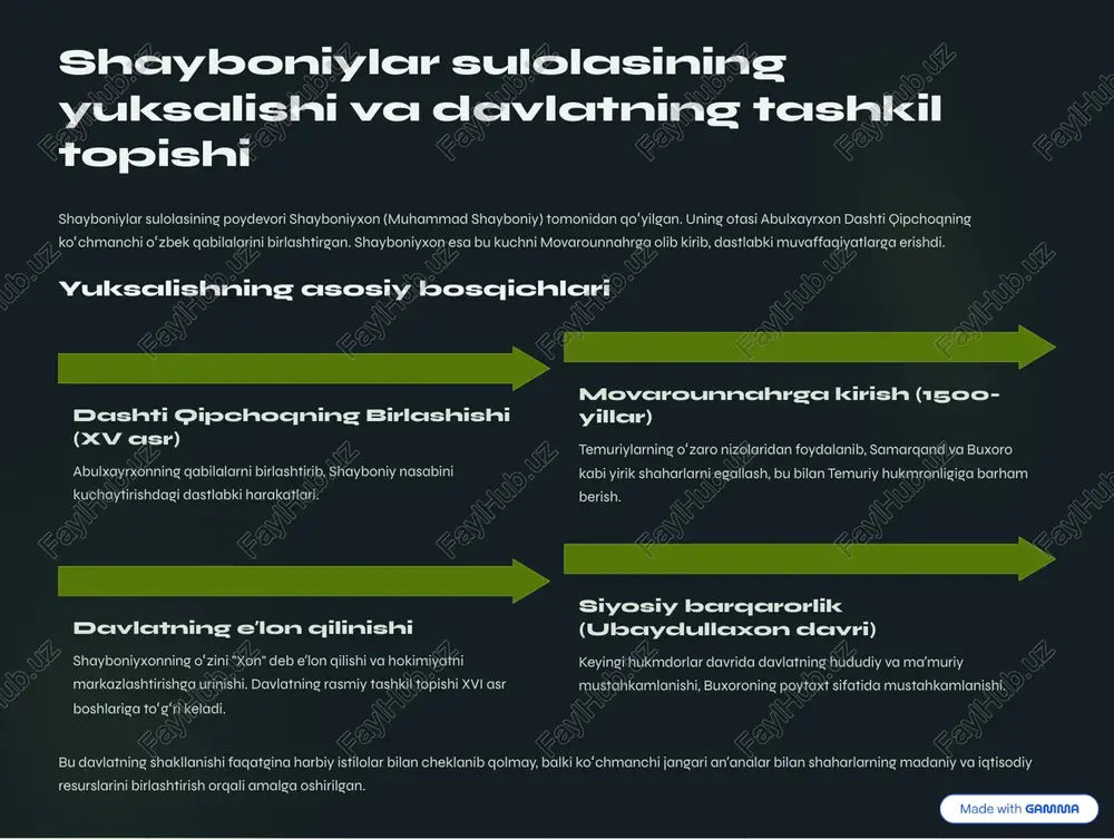 mustahkamlanishi. bu davlatning shakllanishi faqatgina harbiy istilolar bilan cheklanib qolmay, balki ko»chmanchi jangari an¾analar bilan shaharlarning madaniy va iqtisodiy resurslarini birlashtirish orqali amalga oshirilgan. https://gamma.app/?utm_source=made-with-gamma markaziy hokimiyat: xon va uning vakolatlari shayboniylar davlatida oliy hukmdor xon hisoblanib, uning hokimiyati nafaqat siyosiy, balki diniy xarakterga ham ega edi. xonning vakolatlari ulkan bo»lib, davlat boshqaruvining barcha sohalarini qamrab olardi. xonning asosiy vakolatlari qonun chiqaruvchi hokimiyat: xon shariat va chingiziy yasa qoidalariga asoslanib qonunlar qabul qilgan va yangiliklar kiritgan. oliy qo»mondon: barcha harbiy kuchlarning boshlig»i, urush va sulh e¾lon qilish huquqiga ega bo»lgan. oliy sudya: eng muhim jinoyat va fuqarolik ishlari bo»yicha yakuniy qarorlarni xon qabul qilgan. uning nomidan qozixonalar faoliyat yuritgan. moliyaviy nazorat: soliq yig»ish, byudjetni taqsimlash va zarur hollarda favqulodda yig»imlar joriy etish vakolatlari. vorislik masalasi: hokimiyat meros bo»lib o»tgan bo»lsa-da, katta urug» a¾zolari (sultonlar) ning kengashi xonni saylash yoki tasdiqlashda muhim rol o»ynagan. markaziy boshqaruv organlari xonga kundalik boshqaruvda yordam …