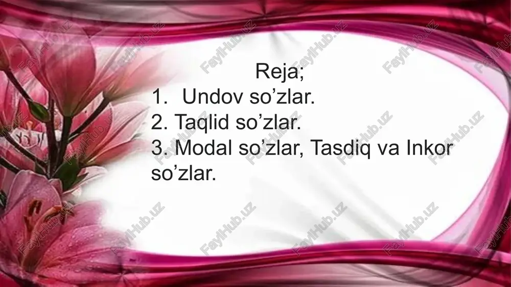 ega, to’ldiruvchi, qaratqichli aniqlovchi kabi vazifalar bajaradi. masalan, ega; bu yerdan to’plarning gumbur-gumburi eshitilib turardi; to’ldiruvchi; senla bu yerda vag’ir-vag’ir bilan ovorasanlar; aniqlovchi; xolmurodning kirib kelishi quvnoq qiy-chuvning bosilishiga sabab bo’ldi.taqlid so’zlar yakka va takror holda ishlatiladi. takroriy taqlid so’zlar asosida doimiylik, takrorlanish kabi ma’nolarni ifodalanadi. qiyoslang; u piq etib kuldi. u piq-piq kuldi. modal so’zlar mustaqil so’zlar kabi narsa, belgi, harakat va shu kabilarni atamaydi va gap bo’lagi bo’lib kela olmaydi. shu bois ular gap bo’laklari bilan sintaktik jihatdan bog’lanmaydi; modal so’zlar, aslida, mustaqil so’zlardan ajralib chiqqan bo’lib, ularning bir qismi, ham mustaqil so’z, ham modal ma’no ifodalovchi so’z sifatida, ba’zilari esa hozirgi tilda faqat modal ma’no ifodalashga xoslanib qolgani sababli, o’ziga xos ikki guruhni tashkil etadi;1) sof modal so’zlar; darhaqiqat, haqiqatdan, afsuski, attang, albatta 2) vazifadosh modal so’zlar; chamasi, ehtimol, shubhasiz, aftidan. mustaqil so’zning bu kabi o’z ma’nosini yo’qotgan holda yordamchi so’zga aylanishi natijasida omonimlik yuzaga keladi. modal …