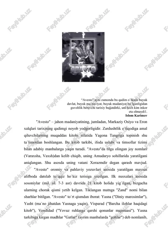 onda "avesto"ni o`rganish qadimdan boshlangan. abu rayhon beruniy, abu jafar tabariy, abu baxr narshaxiy asarlarida "avesto" ta`limotiga va unda tilga olingan timsollarga murojaat mavjud. bu nodir ilmiy asarlarning qo`lyozma va bosma nusxalari o`r fa shi jamg`armasida saqlanadi. hozirgi o`zbek olimlari a.qayumov, h. homidov, m. isoqov, n. rahmonov v.b.ning ilmiy tadqiqot va maqolalari e`tiborli. o`zbekiston respublikasi hukumatning qarori bilan 2001 yilda "avesto"ning 2700 yilligi nishonlandi. "avesto" vatani xorazmda bog` barpo qilindi, asarning o`zbek tilidagi tarjimalari chop etildi, u haqda yangi tadqiqotlar yuzaga chiqdi. 1. zardushtiylikning paydo bo`lishi. zardushtiylik eng qadimgi dinlardan bo`lib, bu din er.avval vii-vi asrlarda dastavval o`rta osiyoda-xorazm vohasida paydo bo`lgan. uning payg`ambari zardusht tarixiy shaxs edi. u mazdakiylik dinini isloh qilib, uning asosida yangi yakka xudolik dinini ijod etgan. zardushtiylik paydo bo`lgan davr birinchi sinfiy jamiyat, ya`ni quldorlik davri endi paydo bo`layotgan davr edi. u urug`-qabilachilik tuzumi yemirilib aholi qullar va quldorlarga, zolim va mazlumlarga bo`linayotgan davr bo`lgan. …