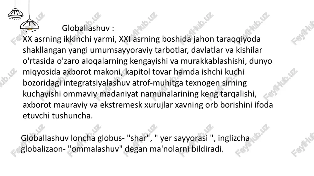 bbuslar: mamlakatlararo hamkorlik natijasida iqlim o‘zgarishi, atrof-muhit ifloslanishi va boshqa ekologik muammolarni hal qilish bo‘yicha xalqaro shartnomalar va dasturlar yaratiladi. resurslarni oqilona boshqarish: globallashuv orqali ekologik tajribalar va ilg‘or boshqaruv amaliyotlari tarqaladi, bu esa barqaror rivojlanish tamoyillariga mos keladi. globallashuvning barqaror taraqqiyotga salbiy yo'nalishlari 4.1. iqtisodiy notekislik va resurslarni tengsiz taqsimlanishi iqtisodiy nomutanosiblik: global bozorlar rivojlanishi ayrim mamlakatlar va mintaqalar uchun iqtisodiy o‘sishni ta’minlasa-da, boshqalar uchun qashshoqlik va resurslar notekis taqsimlanishi muammosiga olib keladi. raqobatning o‘sishi: bozor iqtisodiyotida kuchli raqobat iqtisodiy adolatsizlik, korporativ monopoliyalar va kichik biznesning chetlashtirilishiga sabab bo‘lishi mumkin. madaniy homogenizatsiya va identitetning yo‘qolishi madaniy diversitetning kamayishi: globallashuv natijasida g‘arb madaniyatining dominantligi ko‘plab milliy va mahalliy madaniyatlarning yo‘qolishiga olib kelishi mumkin. bu esa madaniy xilma-xillik va identitetning boyligini kamaytiradi. ma’naviy tanqidiylikning kamayishi: uzoq muddatda global massaxborot oqimi va standartlashtirilgan madaniyat ijtimoiy va axloqiy qadriyatlarning erkin shakllanishiga salbiy ta’sir ko‘rsatishi ehtimoli mavjud. ekologik bosim va atrof-muhit ifloslanishi resurslardan haddan …