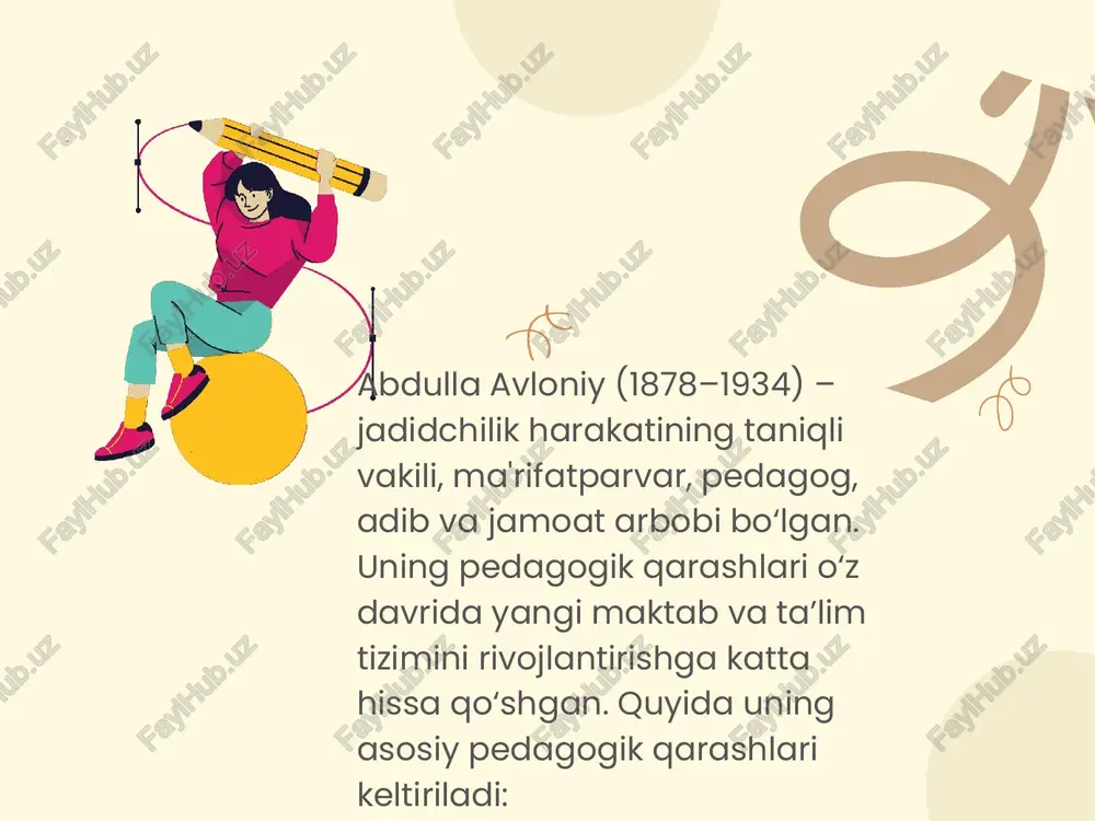 zlab aytilgan. axloqiy-tarbiyaviy g'oyalari avloniy uchun tarbiya – shunchaki madaniyat emas, balki xalqning hayoti, kelajagi va qadr-qimmati bilan bog‘liq muhim omil edi. uning “turkiy guliston yoxud axloq” asari yoshlarda vatanparvarlik, ezgulik, halollik, sabr-toqat, mehnatga hurmat kabi fazilatlarni shakllantirishga qaratilgan. u axloqiy tarbiyani ta’limning ajralmas qismi deb bilgan. e'tiboringiz uchun rahmat! image1.png image2.svg image2.png image4.svg image3.png image6.svg image4.png image8.svg image5.png image10.svg image6.png image12.svg image7.png image14.svg image8.png image16.svg image9.png image18.svg image10.png image20.svg image11.png image22.svg image12.png image24.svg image13.png image26.svg image14.png image28.svg image15.png image30.svg image16.png image32.svg image17.png image34.svg image18.png image36.svg image19.png image38.svg /docprops/thumbnail.jpeg mavzu: abdulla» avloniy! pedagogik qarashlari