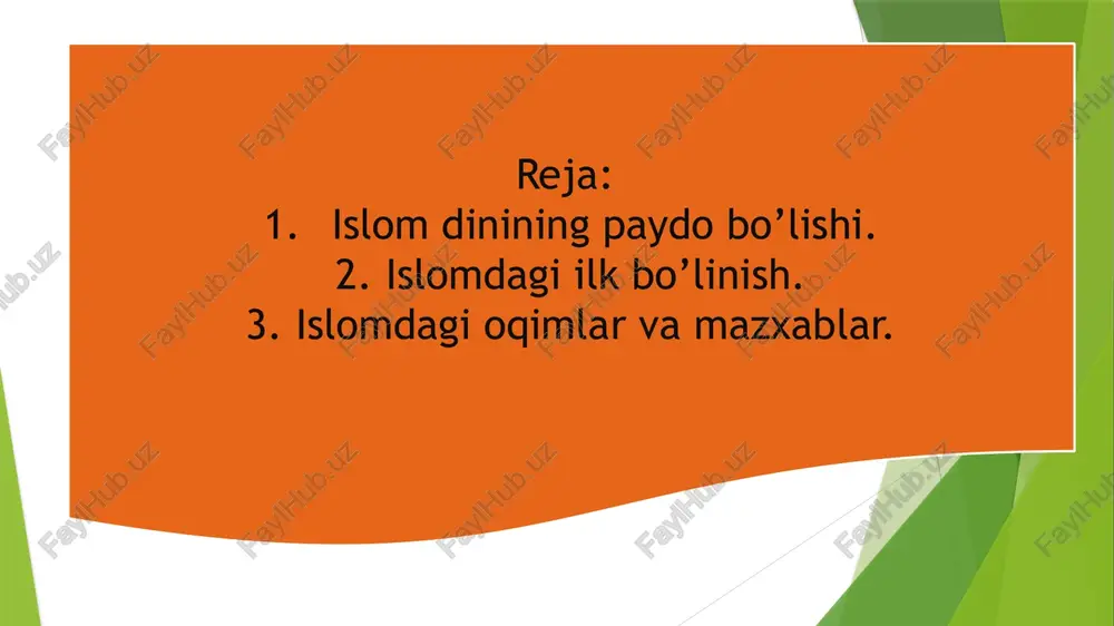 lida, u vafot etgach, amakisi qo’lida tarbiyalangan, balog’atga yetgach, savdogarlar qo’lida xizmat qilgan. 25 yoshda beva boy xotin xadichaga uylangan va uning mablag’lari bilan mustaqil savdogarlik qila boshlagan. ilk vaxiy- diniy ta’limotiga ko’ra ramazon oyining yigirma yettinchi kuniga o’tar kechasi milodiy xisob bilan 610 yilning 31 iyuldan 1-avgustiga o’tar kechasi boshlangan va 23 yil davom etgan vahxiy tusha boshlagan tun ‘’laylatul qadr’’deb atala boshlagan.vii asrda islom 2ta yirik oqimga sunniylik va shialikka bo’linib ketdi.bu bo’linishni asosida turli hukmron guruhlarni hokimiyat uchun olib borgan kurashlari yotadi.muhammad payg’ambarning kuyovi to’rtinchi xalifa ali vaqtidayoq xalifa hokimiyati tan olingani bilan hokimiyat tepasiga muhammad payg’ambar avlodlarigagina kelish huquqiga egadirlar deb hisoblangan. 1.xalifalar hokimiyatiga tarafdorlari bo’lgan ummaviylar islomdagi ananaviy diniy talimotiga amal qiluvchilarni dava qilganlar sunniylikni tashkil qildilar. 2. ali va uning avlodlari hokimyatining tarafdorlari esa shialikni tashkil qildilar. 1sunniylik siyosiy oqimi (sunna so’zidan olingan bo’lib asil islom an’analari tarafdorlari degan ma’noni bildiradi)-tarafdorlari o’zlarini ahil as …