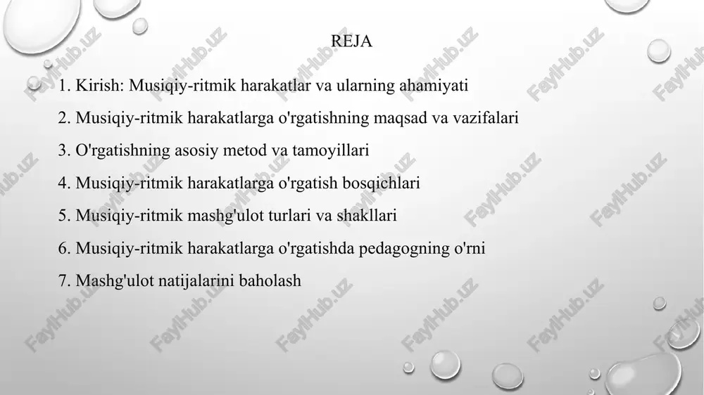 tish qobiliyatini kuchaytiradi. guruh bo'lib bajariladigan harakatlar esa bolalarning bir-biri bilan muloqot qilish, hamkorlik qilish va jamoada ishlash ko'nikmalarini shakllantiradi. musiqiy-ritmik harakatlarga o'rgatishning asosiy maqsadi musiqiy-ritmik harakatlarga o'rgatishning asosiy maqsadi - bu bolalarda musiqa va harakatning uyg'unligini his qilish, musiqani tinglay olish va uning mazmunini harakatlar orqali ifodalash qobiliyatini shakllantirishdir. shuningdek, musiqiy didni, estetik idrokni rivojlantirish, bolalarning ijodiy faoliyatini rag'batlantirish va ularda harakat madaniyatini tarbiyalash ham muhim maqsadlardan hisoblanadi. bu jarayon bolalarning kelajakda san'atni qadrlaydigan va ijodiy yondasha oladigan shaxslar bo'lib voyaga yetishiga zamin yaratadi. musiqiy-ritmik harakatlarga o'rgatishning vazifalari o'rgatishning asosiy vazifalariga quyidagilar kiradi: bolalarga oddiy harakatlar (yurish, yugurish, sakrash) va ularni musiqa bilan bog'lashni o'rgatish; musiqa asarining xarakteri (quvnoq, g'amgin), tempi (tez, sekin), dinamikasi (baland, past) va ritmini farqlash hamda ularga mos ravishda harakat qilish ko'nikmasini shakllantirish; harakat koordinatsiyasini, muvozanatni va fazoviy yo'nalishni rivojlantirish; bolalarda o'z-o'zini ifoda etish, ijodiy tasavvur va fantaziyani rag'batlantirish; musiqiy xotirani va diqqatni rivojlantirish; jamoaviy …