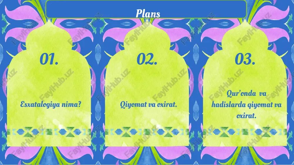 hga undaydi. xulosa esxatalogiya, dinlararo dialog va tushunishga ko'maklashadi, bu esa jamiyatda tinchlik va ahillikni ta'minlaydi. 01 02 03 04 esxatalogiyaning ijtimoiy ahamiyati insoniyatga ta'siri esxatalogiya qiyomat e'tiqodi orqali insoniyatning ma'naviy va axloqiy taraqqiyotiga yordam beradi. jamiyatdagi roli qiyomat e'tiqodi jamiyatda ijtimoiy me'yorlar va qadriyatlarni shakllantiradi, insonlarni yaxshi ishlar qilishga undaydi. axloqiy me'yorlar esxatalogiya axloqiy me'yorlarni belgilab beradi va insonlarga to'g'ri yo'lni tanlashda ko'maklashadi, bu esa qiyomat e'tiqodiga asoslanadi. kelajak uchun ta'siri bu e'tiqod kelajak avlodlar uchun mas'uliyat va e'tibor hissini uyg'otadi. esxatalogiya: zamonaviy yondashuvlar zamonaviy ilmiy va falsafiy nuqtai nazardan esxatalogiya, insoniyat hayoti va mavjudotning ma'nosini o'rganish jarayonida muhim ahamiyatga ega. bu yondashuvlar, esxatalogiyaning diniy va madaniy kontekstlarda qanday qabul qilinishini tahlil qilib, uning muammolari va bahslarini o'rganishga yordam beradi. bugungi kunda, esxatalogiya fanlararo tadqiqotlarga, psixologiya, sotsiologiya va falsafaga asoslangan yondashuvlar orqali ko'rib chiqilmoqda. masalan, esxatalogiya doirasidagi zamonaviy bahslar, insonning ma'naviy hayoti va axloqiy qadriyatlar bilan bog'liq masalalarni o'z …