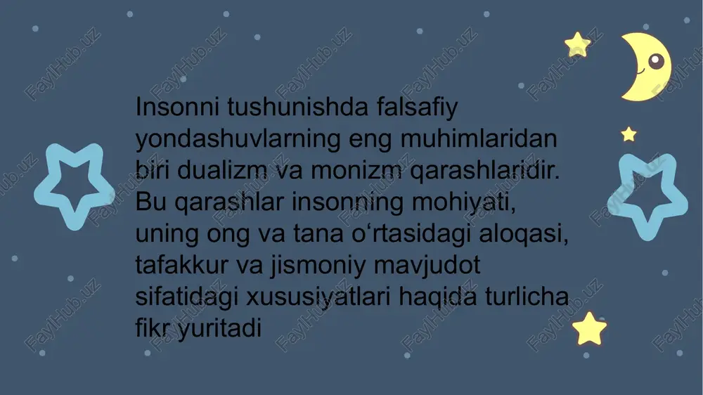 xristianlik – insonda o‘lmas ruh bor, u tanadan mustaqil mavjud islom – inson tanasi va ruhi bor, o‘limdan keyin ruh saqlanib qoladi zardushtiylik – inson ikki qarama-qarshi kuchlar (yaxshilik va yomonlik) ta’sirida yashaydi monizmning asosiy tamoyillari inson yagona mohiyatdan iborat – materiya yoki ong yagona asos sifatida qaraladi ong va tana ajralmas – ong jismoniy jarayonlarning natijasi yoki ulardan kelib chiqadi fizik va ruhiy dunyo bir xil qonunlarga bo‘ysunadi monizmning asosiy yo‘nalishlari 1. materialistik monizm bu yo‘nalishga ko‘ra, insonning ong va ruhiy holatlari faqat materiya va fizik jarayonlar natijasidir. demokrit (mil. avv. 460–370) – tafakkur ham atomlarning harakati natijasida yuzaga keladi karl marks va fridrix engels – ong moddaning oliy shakli, u moddiy dunyo mahsuli neyrofiziologiya va zamonaviy ilm-fan – ong miyada kechadigan biologik jarayonlar natijasida paydo bo‘ladi 2. idealistik monizm bu qarashga ko‘ra, inson va butun borliq ong yoki g‘oya asosida mavjud. platon va georg gegel – haqiqatning mohiyati …