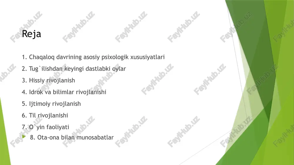 nadi. chaqaloqlar ob`ektlarni ajratib olish, ularning xususiyatlarini tahlil qilish va ular haqida xulosa chiqarishni o`rganadilar. katta yoshli chaqaloqlarda xotira va e`tibor rivojlanadi. ular avval ko`rgan yoki eshitgan narsalarni eslab qolishlari mumkin. bilim olish jarayonini qo`llab-quvvatlash uchun chaqaloqlarga turli xil o`yinchoqlar va o`yinlar taklif qilish kerak. idrok va bilimlar rivojlanishi chaqaloqlarning ijtimoiy rivojlanishi ota-onalar va boshqa yaqin kishilar bilan bo`lgan munosabatlariga bog`liq. ular boshqalar bilan muloqot qilish, ularning his-tuyg`ularini tushunish va ularga moslasha olishni o`rganadilar. dastlabki oylarda chaqaloqlarning ijtimoiy aloqalari asosan ona bilan bo`ladi. keyinchalik esa ular boshqa odamlar bilan ham aloqa qilishni boshlaydilar. chaqaloqlar boshqalar bilan o`zaro ta`sir o`tkazish orqali ijtimoiy ko`nikmalarni rivojlantiradilar. ijtimoiylashish jarayonida muhim rolni taqlid o`ynaydi. chaqaloqlar kattalarning harakatlarini takrorlaydilar va shu orqali ijtimoiy xulq-atvor me`yorlarini o`rganadilar. chaqaloqlarning ijtimoiy rivojlanishini qo`llab-quvvatlash uchun ularga turli xil ijtimoiy vaziyatlarga duch kelish imkoniyati yaratib berish kerak. ijtimoiy rivojlanish chaqaloqlarning til rivojlanishi tug`ilishdan so`ng darhol boshlanadi. dastlab ular tovushlarni chiqarish orqali …