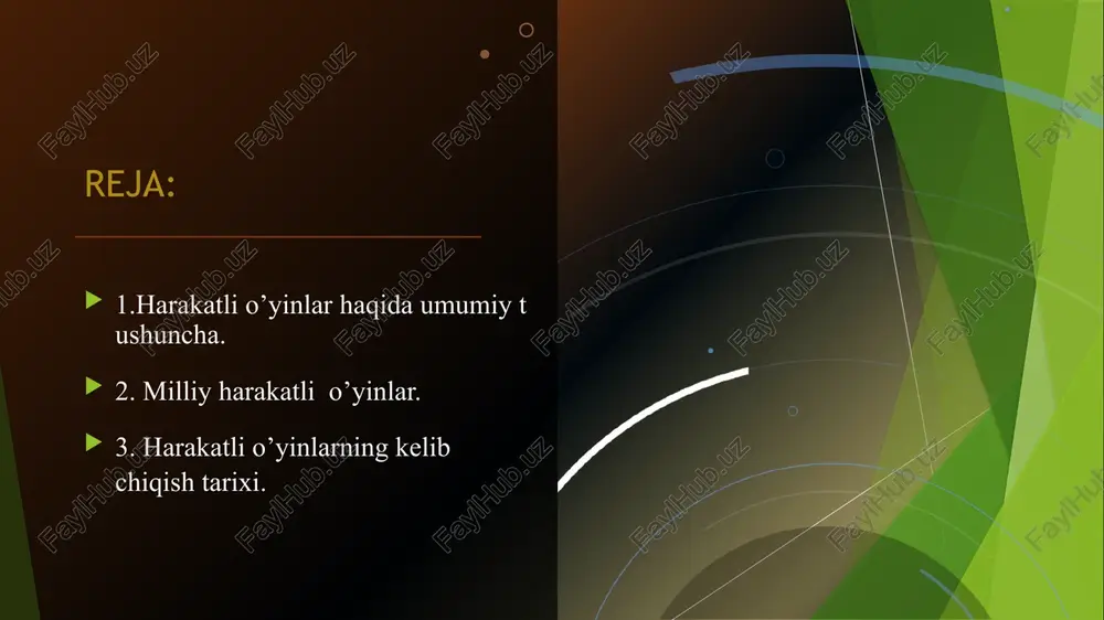 akkab harakatli faoliyatlar tasvirlarda, sopol va metall buyumlarda ifoda etilgan. shuningdek omonqo’ton (samarqand), chorvoq atrofidagi (toshkent viloyati) yassi toshlar, g’orlarda odamlarning ov qilish va hayvonlar bilan jang qilish (olishish), turli xil o’yinlar bilan shug’ullanishlari aks ettirilgan. bunday holatlar surxon va qashqa vohasidagi g’orlar, sohillardagi toshlar, farg’ona vodiysidagi tog’li manzillarda (chotqol tog’lari) ham ko’p uchraydi. 5 5 o’zbekiston davlat jismoniy tarbiya va sport universiteti, viloyatlardagi jismoniy tarbiya fakultetlarida “harakatli o’yinlar” maxsus fan sifatida o’qitiladi. mustaqillikning sharofati tufayli jismoniy tarbiya, fakultetlarida “milliy harakatli o’yinlar” fani yangidan tashkil qilingan. ularning asosiy maqsad va vazifalari jismoniy tarbiya va sport sohasidagi bo’lajak mutaxassislarning nazariy bilim va amaliy ko’nikmalari hamda malakalarini chuqurlashtirishga qaratilgan. shu sababdan harakatli o’yinlardan deyarlik barcha sport turlari bo’yicha, o’tkaziladigan darslar, sport mashg’ulotlarida (trenirovka) maqsadli foydalanish yo’lga qo’yilgan. bu o’z navbatida milliy harakatli o’yinlarning nufuzini oshirishga ko’mak beradi. o’zbekiston respublikasining “ta’lim to’g’risida” (1997), “jismoniy tarbiya va sport to’g’risida”gi (2000, 2015 yil yangi taxriri) …