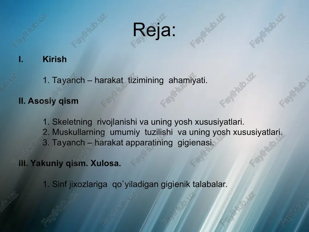 sini rivojlantiradi. bolalarda harakat koordinatsiyasi nerv sistemasining ayniqsa nerv tolalarining mienlashuvi bilan bog`liqdir. yangi to`g`ilgan bolada harakatlarni tartibsiz bo`lishi, ko`pchilik efferent harakat nerv tolalarini minelin qabatini yo`qligi bilan bog`liqdir. shunday qilib, tayanch harakat apparati bolaning nerv sistemasi va boshqa funktsiyalarining rivojlanishi organizmning normal o`sishi uchun muhim ahamiyatga ega. suyakning ximiyaviy tarkibi, fizik xossalari va tuzilishi. suyak asosan suyak tuqimasidan tuziladi. suyakning sirti suyak o`st pardasi bilan qoplangan bo`ladi, bu parda bolalarda juda pishiq, hatto suyak singanda ham yirtilmaydi. suyak o`sti parda bilan suyakning faqatgina bug`in yuzalari qoplanmaydi xolos. suyak parda ko`p miqdordagi qon tomirlar, nervlar bilan ta'minlangan, bular suyak ust pardadagi teshiklar orqali suyakning ichki qismiga o`tadi. suyak shikastlanganda va kasallanganda suyak usti parda xujayralarining hisobiga suyak qayta tiklanadi. suyak usti pardadagi bog`lamalar va muskullar birikadi. suyak usti pardaning tagida suyakning kompakt qavati yoki zich qavati bo`ladi. kompakt qavatining tagida g`ovak qavat bo`ladi. uzun suyakning ichki qismida suyakning butun uzunligi …
