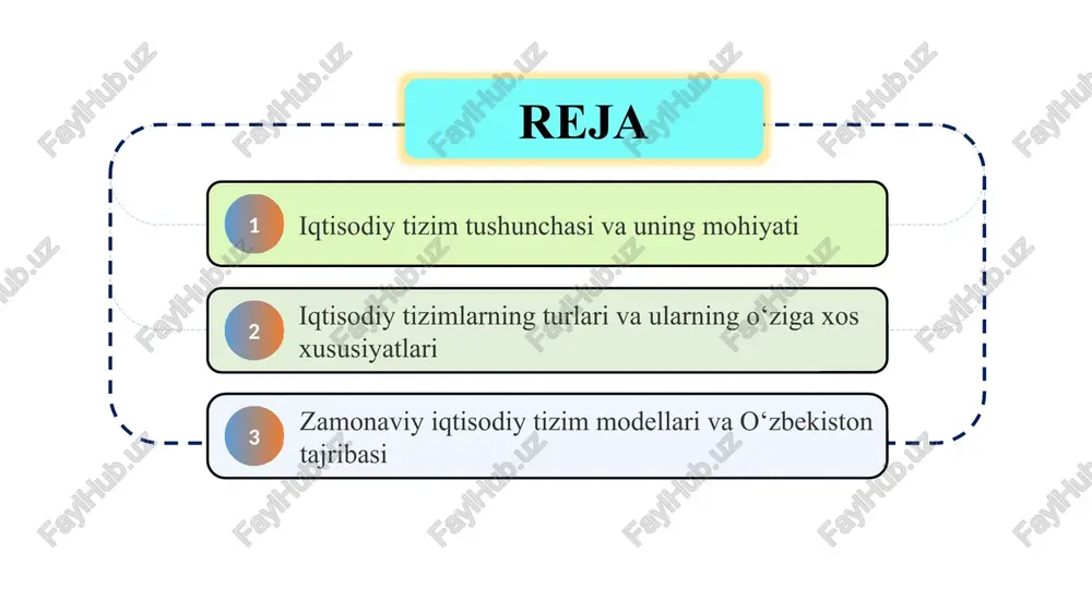 r, davlat, moliya va bozor infratuzilmasi kiradi. 3 ishlab chiqarish vositalari, ishchi kuchi, kapital, yer va tadbirkorlik qobiliyati tizimning moddiy asosini tashkil etadi. bu elementlar o‘zaro bog‘liq holda faoliyat yuritadi va resurslarning samarali taqsimlanishini ta’minlaydi. iqtisodiy tizim jamiyatning ijtimoiy va siyosiy hayotida muhim rol o‘ynaydi. u ishlab chiqarish jarayonining yo‘nalishini, aholi farovonligini va davlatning iqtisodiy siyosatini belgilaydi. har bir tizim o‘zining rivojlanish bosqichiga ega bo‘lib, u tarixiy sharoit va jamiyat ehtiyojlariga qarab shakllanadi. masalan, bozor tizimi erkin raqobatni rag‘batlantirsa, rejalashtirilgan tizim markazlashgan boshqaruvni ta’minlaydi. iqtisodiy tizimlarning to‘g‘ri tanlanishi jamiyatning barqaror rivojlanishiga, investitsiyalar oqimiga va xalq turmush darajasining oshishiga olib keladi. iqtisodiy tizimlarning turlari va ularning o‘ziga xos xususiyatlari dunyo mamlakatlarida iqtisodiy tizimlar tarixiy sharoit va ijtimoiy tuzumga ko‘ra shakllangan. an’anaviy tizimda ishlab chiqarish usullari avloddan-avlodga o‘tadi, texnologiyalar sekin yangilanadi. bozor tizimida esa ishlab chiqarish erkinligi, raqobat va talab-taklif qonunlari ustuvor hisoblanadi. rejalashtirilgan iqtisodiyot markazlashgan boshqaruv asosida ishlaydi, barcha resurslar davlat …