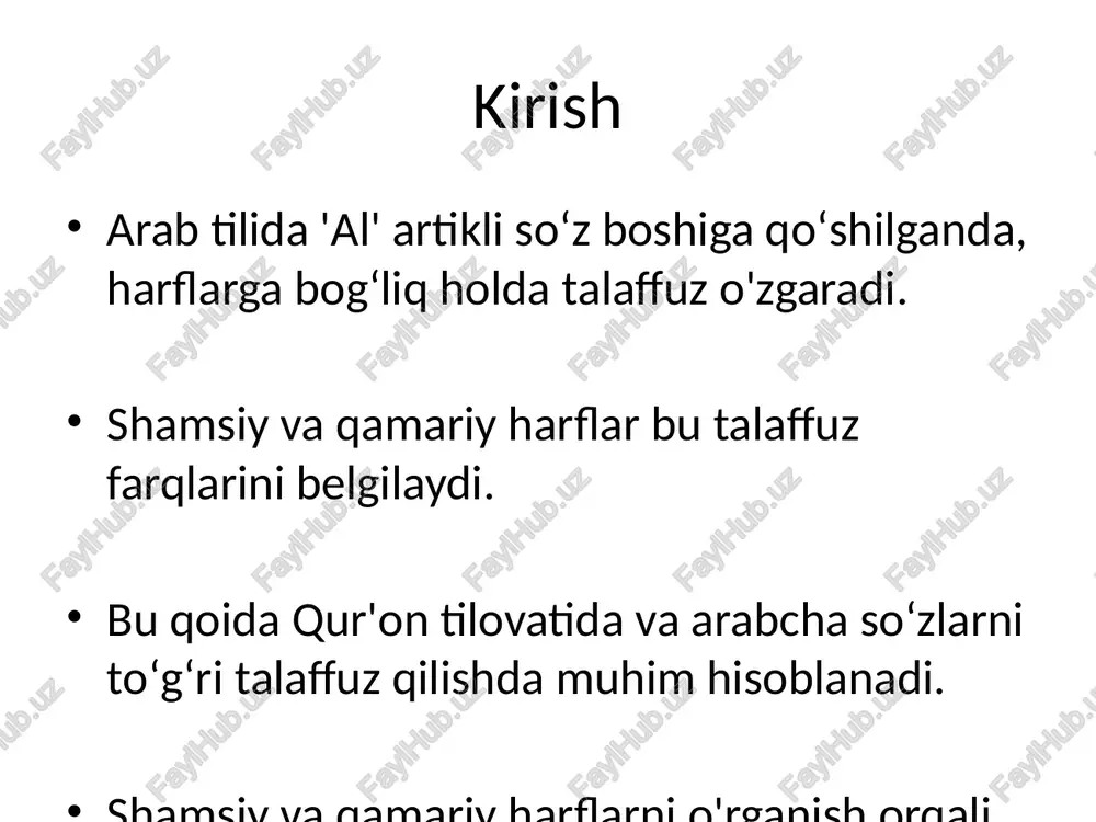 a va arab tilida toʻgʻri talaffuz qilishda katta ahamiyatga ega. • shamsiy va qamariy harflarni farqlash arab tilini yanada toʻgʻri oʻrganishga yordam beradi. etiboringiz uchun rahmat! /docprops/thumbnail.jpeg