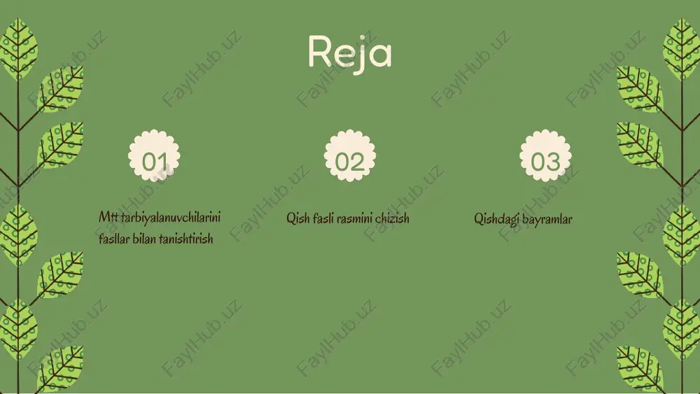 ing. bu bolalarning ijodiy fikrlash va estetik qobiliyatlarini rivojlantiradi. yozish uchun qalamlar, rangli qalamlar yoki akvarel bo'yoqlar, qog'oz va ruchkalar kerak. bu materiallar bolalarning ijodiy yondashuvini qo'llab-quvvatlaydi va chizmalarni jonli qiladi. photo by levan badzgaradze on unsplash 1 2 3 qishdagi bayramlar haqida umumiy ma'lumot qish faslida nishonlanadigan bayramlar, masalan, yangi yil va rojdestvo, madaniyatimizda muhim o'rin tutadi. ular tarixiy va madaniy ahamiyatga ega bo'lib, bolalarga quvnoq va o'qituvchi muhit yaratadi. photo by marco canepa on unsplash qish bayramlarining tabiatga ta'siri tabiat hodisalari va bayramlar munosabatlari qish bayramlari, masalan, yangi yil va rojdestvo, tabiatdagi sovuq havolar va qor qoplamining kuchayishi bilan bog'liq. bu bayramlar, odatda, qor va muz bilan bog'liq bo'lib, tabiat muhitini o'zgartiradi va ekologik muhitga ta'sir qiladi. tabiatdagi o'zgarishlar va bayramlar munosabati qor qoplami, ekosistemalar uchun muhim bo'lib, suv resurslarini saqlash va o'simliklar uchun himoya qiladi. bayramlar davomida tabiatga e'tibor va ehtiyotkorlik, ekologik muhitni muhofaza qilish uchun muhim …