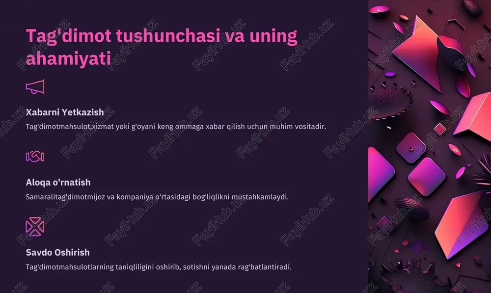 o'g'ri muloqot yuqorida ko'rsatilgan yondashuv va usullarni ishlatish mahsulotni muvaffaqiyatli taqdim etishga yordam beradi. xulosa va tavsiyalar 1 2 maqsadlarni belgilash ommaviy axborot vositalarini tanlash 3 innovativ usullardan foydalanish 4 mijozlar bilan bevosita muloqot qilish o'zbek milliy taomlarining samarali tag'dimoti uchun bu to'rt qadamni izchil bajarish muhimdir. ushbu yondashuv kompaniyalarga o'z brendini taniqli va raqobatbardosh qilishga yordam beradi.