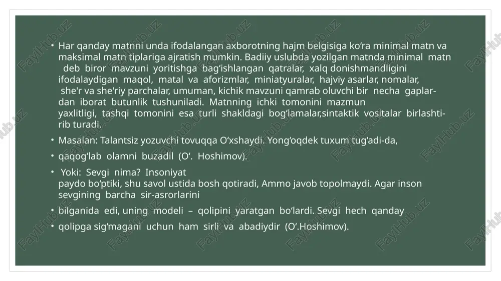 pdan tashkil topgan. butunlikni ta’minlayotgan vositalar sirasiga izchil va tugal ohang, ammo bog‘lovchisi, agar boglovchisi va matnning mazmuniy o‘qini tashkil qiluvchi sevgi so‘zi kiradi. demak, masala savol shaklida qo‘yilyapti va unga matn orqali javob berilyapti. ya’ni, sevgi nima? sevgi - sirli va abadiy tushuncha. matnlar mazmuni va ifoda maqsadiga ko‘ra ham farqli tiplarga birlashadi. bunda berilmoqchi bo‘lgan axborotning xarakteri va uni ifodalashdan ko‘zlangan maqsad asosiy o‘lchov vazifasini bajaradi. bu nuqtai nazardan matnlarni nutqiy muloqotning asosiy shakllariga uyg‘un ravishda hikoya, tasviriy, muhokama matnlari-ga ajratish tilshunoslikda an’anaga kirgan. matntiplarini belgilashda yana bir omil asos nutqning funksional uslublaridir. matn funksional uslubiy mohiyatiga ko‘ra ilmiy matn (tezis, maqola, ma’ruza, taqrizlar), badiiy matn (nasriy, nazmiy asarlar), rasmiy matn (ma’lumotnoma, qaror, buyruq, tavsifnoma, tavsiyanomalar), ommabop matn(maqola, suhbat, tabrik va xitob nutqi matnlari) kabi tarmoqiarga bo‘linadi. matn maqsad-ohiyatida tilning ikki muhim vazifasidan qaysi birining - kommunikativ vazifaningmi yoki estetik vazifaningmi yetakchilik qilishiga asoslangan holda matnlarning ikki oppozitiv …