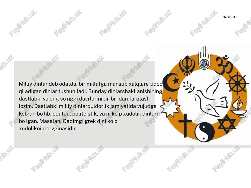 indistonda, asosan panjob hududida paydo boʻlgan din boʻlib, uning asoschisi guru nanak hisoblanadi. bu din hinduizm va islom tasirida shakllangan boʻlib, yagona xudoga ishonish, adolat, halollik va tenglik tamoyillariga asoslanadi. sikhlarning muqaddas kitobi guru grantx sahib boʻlib, u sikhizmning asosiy talimotlarini o’z ichiga oladi. dindor sikxlar kesh (sochini kesmaslik), kara (temir bilaguzuk), kanga (taroq), kachera (maxsus kiyim) va kirpan (kichik qilich) kabi besh asosiy belgiga amal qilishadi. bugungi kunda sikhizm asosan hindistonning panjob shtatida tarqalgan boʻlib, dunyo boʻylab ham millionlab izdoshlariga ega. sikhizm page 05 daosizm miloddan avvalgi 6-asrda xitoyda paydo boʻlgan falsafiy va diniy oqim boʻlib uning asoschisi lao tzi hisoblanadi. bu talimotmotning asosiy tamoyili tabiat va koinot bilan uygʻunlikda yashashdir. daosizmning muqaddas kitobi “dao de jing” bo’lib, unda dao (oliy haqiqat yoʻli) va de (fazilat) tushunchalari tushuntiriladi. daosizm insonni tabiatga qarshi kurashmaslikka, ichki tinchlikka va tabiiy hayot tarziga intilishga chaqiradi. bu talimot xitoy madaniyatiga katta ta’sir koʻrsatga boʻlib, …