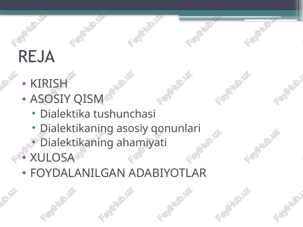 ing birligi va kurashi qonuni 2. miqdor o‘zgarishlarining sifat o‘zgarishlariga o‘tish qonuni 3. inkordan inkor qonuni dialektikaning asosiy qonunlari bu qonunga ko‘ra, har bir narsa ichida ikki qarama-qarshi kuch mavjud bo‘ladi. ularning kurashi natijasida o‘zgarish sodir bo‘ladi. qarama-qarshiliklarning birligi va kurashi qonuni misollar: hayot va o‘lim issiq va sovuq yaxshi va yomon bu qarama-qarshiliklarning o‘zaro ta’siri rivojlanish manbaidir. qarama-qarshi tomonlar bir-birini inkor etadi, lekin bir-birisiz mavjud bo‘la olmaydi. masalan, “yaxshi” tushunchasi “yomon” tushunchasisiz mavjud emas. bu qonun har qanday rivojlanish asta-sekin miqdor o‘zgarishlar orqali borishini, lekin ma’lum bosqichda sifat o‘zgarishiga aylanib ketishini ifodalaydi. miqdor o‘zgarishlarining sifat o‘zgarishlariga o‘tishi qonuni misol: suvni isitishda harorat asta-sekin ortadi (miqdor o‘zgarish), 100°c ga yetganda esa u bug‘ga aylanadi — bu sifat o‘zgarishidir. har bir yangi narsa eskining inkori natijasida paydo bo‘ladi. ammo yangi narsa eskining ijobiy tomonlarini o‘zida saqlab qoladi. inkordan inkor qonuni misol: o‘quvchi → talabaga aylanadi → mutaxassis → tajribali mutaxassis. har …