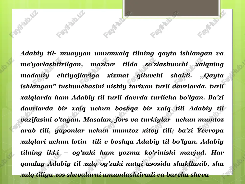 hevalar adabiy til bilan teng suratda qo’llanmoqda. adabiy til tushunchasi odatda til uslublari tushunchasi bilan bog’lanadi. ammo bu bog’lanish bir tomonlama. chunki til uslubyatlarining o’zi adabiy til ko’rinishlari hisobblanadi. ular tarixan shakllangan, muayyan belgilar majmuidan iborat bo’ladi. mazkur belgilarning bir qismi boshqa uslublarda takrorlanishi mumkin. lekin, bu takroriy belgilarning ma’lum shaklda birikishi va vazifasining o’ziga xosligi bir uslubning ikkinchi uslubdan farqini belgilaydi. o’zbek tiliga davlat tili maqomining berilishi 1989-yil o’zbek adabiy til rivojini ta’minlovchi muhim voqea bo’ldi. o’zbek adabiy tili turli xalqlar adabiy tili rivojlanish tajribasi asosida yanada takomillashib bormoqda. 2 milliy til – umumiy hudud, iqtisod va ma’naviy boylik bilan birga millatni tashkil etuvchi ijtimoiy tarixiy kategoriya. millatning o’zaro aloqa vositasi hisoblangan milliy til 2 shaklga ega og’zaki va yozma. milliy til qabila, elat tillaridan farqlnadi. u, odatda, millatni birlashtirib turuvchi yagona til vazifasini bajaradi. ,, milliy til’’ tushunchasi tilning yashash shakllariga aloqadordir, u til mavjudligining alohida turi bo’lib, …