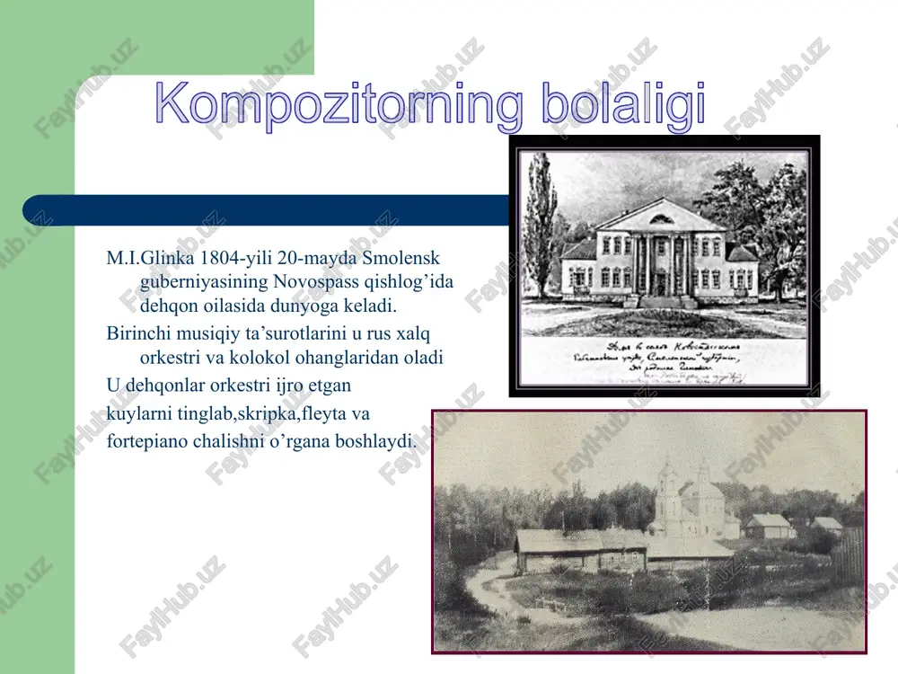 so’nggi 9 yili davomida “kamarinskaya” simfonik fantaziyasini kichik pyesalar,romanslar yaratadi.1857-yili 3-fevralda m.i.glinka berlinda vafot etadi.. 1. m.i.glinka tug’ilgan qishloqni nomi? a)vatkinskiy sh. b)peterburg sh. v)novospass q. 2. m.i.glinkaning ivan susanin operasini oldingi nomi nima edi? 3. m.i.glinka a.s.pushkin poemasiga qaysi operani yozgan? 4. ruslan va lyudmila operasini qachon yaratgan? 5. m.i.glinka qachon va qayerda vafot etgan? mavzu yuzasidan savollar image1.png image2.png image3.jpeg image4.png image5.png image6.jpeg image7.jpeg image8.png image9.png image10.png image11.png /docprops/thumbnail.jpeg 1804 - 1857