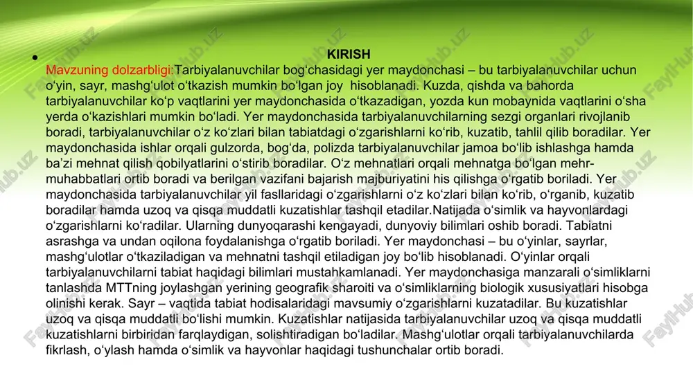 qisqa muddatli kuzatishlarni birbiridan farqlaydigan, solishtiradigan bo‘ladilar. mashg‘ulotlar orqali tarbiyalanuvchilarda fikrlash, o‘ylash hamda o‘simlik va hayvonlar haqidagi tushunchalar ortib boradi. kurs ishining maqsadi: ushbu kurs ishining asosiy maqsadi yer maydonchalari infratuzilmasining ahamiyatini, ularning joylashuvi, texnik holati va funksional imkoniyatlarini o‘rganish orqali ularning rivojlanish yo‘llarini aniqlashdan iboratdir. kurs ishining predmeti: kurs ishining predmeti yer maydonchalari infratuzilmasi va uning texnik, tashkiliy va ijtimoiy jihatlari bilan bog‘liq bo‘lib, ularning joylashuvi, qurilish texnologiyalari, foydalanish sharoitlari va ekologik muhitga ta’siri kabi masalalarni o‘z ichiga oladi. kurs ishining obyekti: kurs ishining obyekti yer maydonchalari infratuzilmasi va uning texnik, tashkiliy hamda ijtimoiy jihatlari bilan bog‘liq bo‘lib, ularning joylashuvi, qurilish texnologiyalari, foydalanish sharoitlari va ekologik muhitga ta’siri kabi aspektlarni o‘z ichiga oladi. bu obyekt doirasida, sport maydonchalari va ularning infratuzilmasi bilan bog‘liq muammolar va imkoniyatlar, shuningdek, ularning rivojlanishi uchun muhim bo‘lgan tashkiliy va texnologik jarayonlar o‘rganiladi i-bob yer maydonchalari tasnifi va xususiyatlari yer maydonchalari — bu atama geografiya, …