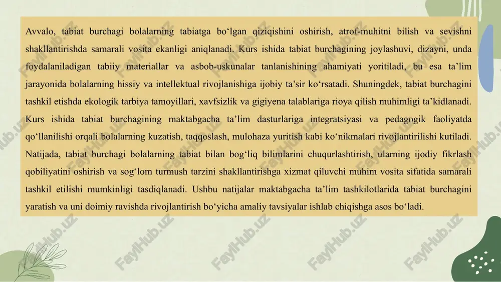 urchakning asosiy yo‘nalishlari, ya’ni vazifalari, bolalarning tabiat bilan munosabatini shakllantirishdan tortib, ularning tafakkur, hissiyot, mas’uliyat va ijodiy qobiliyatlarini rivojlantirishgacha bo‘lgan jarayonlarni o‘z ichiga oladi. bolalarni tabiat bilan tanishtirib borishda maktabgacha ta’lim tashkilotlari qoshidagi tabiat burchagi juda katta rol o‘ynaydi. tabiat burchagida saqlanadigan o‘simliklar va hayvonlar bolalarning tabiat haqidagi bilimlarini oshirishda, ularning shakllanishida dastlabki manba bo‘lib xizmat qiladi. bolalar tabiat burchagidagi hayvonlar va o‘simliklar bilan uzviy aloqada bo‘ladilar. tabiat burchagi bolalarning tabiat bilan bevosita munosabatda bo‘lishini ta’minlaydi. shuning uchun ham yil davomida – o‘n ikki oy davomida o‘simlik va hayvonot olami bilan tanishib, ular bilan muloqotda bo‘lish imkonini beradi. tarbiyachi tabiat burchagida o‘simliklarni o‘stirishga kirishishdan avval unga qo‘yiladigan talablarni bilib olishi zarur. bu talablar quyidagilardan iborat bo‘lishi mumkin: tabiat burchagidagi o‘simliklar shu xona sharoitida, maktabgacha ta’lim tashkiloti joylashgan ekologik muhitda bemalol o‘sa oladigan bo‘lishi kerak. o‘simliklarning normal o‘sishi uchun issiqlik va yorug‘lik yetarli bo‘lishi zarur. tabiat burchagidagi o‘simliklar suvga bo‘lgan talabiga …