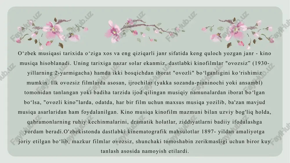 no uchun maxsus musiqa yozish 1920 - yillardan boshlangan va 2-yarmidani boshlab milliy kino asta-sekin oʻzining asosiy an'analarini shakllantira bordi va boshqa san'at turlari qatoridan munosib o'rin oldi. "mirzachoʻldagi paxta", "moy ishlab chiqarish sanoati", "bezgak kasaliga qarshi kurash", "tabiat va sogʻliq", "oʻzbekiston ayoli", "eski shaharlar", "oʻzbekistonda xalq sayli" kabi ilk ovozsiz filmlar ishlandi. "paxtaorol" (1925, rej. a. shcherbakov), "baxt -quyoshi” (1926, rej. v. krivstov) badiiy filmlari xalq orasida katta muvaffaqiyat qozondi. 1927-yil rejissor m.doronin "ikkinchi xotin", "ravot qashqirlari" (rej. k.gertel) kabi filmlar ishlandi44 oʻzbek kinomusiqa brusilovskiy, stepanov, a.kozlovskiy, r.glier kabi kompozitorlar ijodiyotida shakllana boshladi. ular kinoda qoʻllanilgan musiqalarni tanlashda asosan oʻzbek xalq kuy va qoʻshiqlaridan hamda oʻzbek bastakorlari ijodiga tayanganlar. oʻzbek kinematografchilari orttirgan tajriba, suratga olish texnikasining takomillashuvi ovozli kinoga oʻtishga zamin boʻlib xizmat qildi. 1937-yil yaratilgan birinchi oʻzbek ovozli "qasam" (rej. a.usoltsev) badiiy filmi madaniy hayotda muhim voqea bo'ldi. "qasam" filmida ilk bor chuqur va hayotiy yoritilgan ayol obrazi …