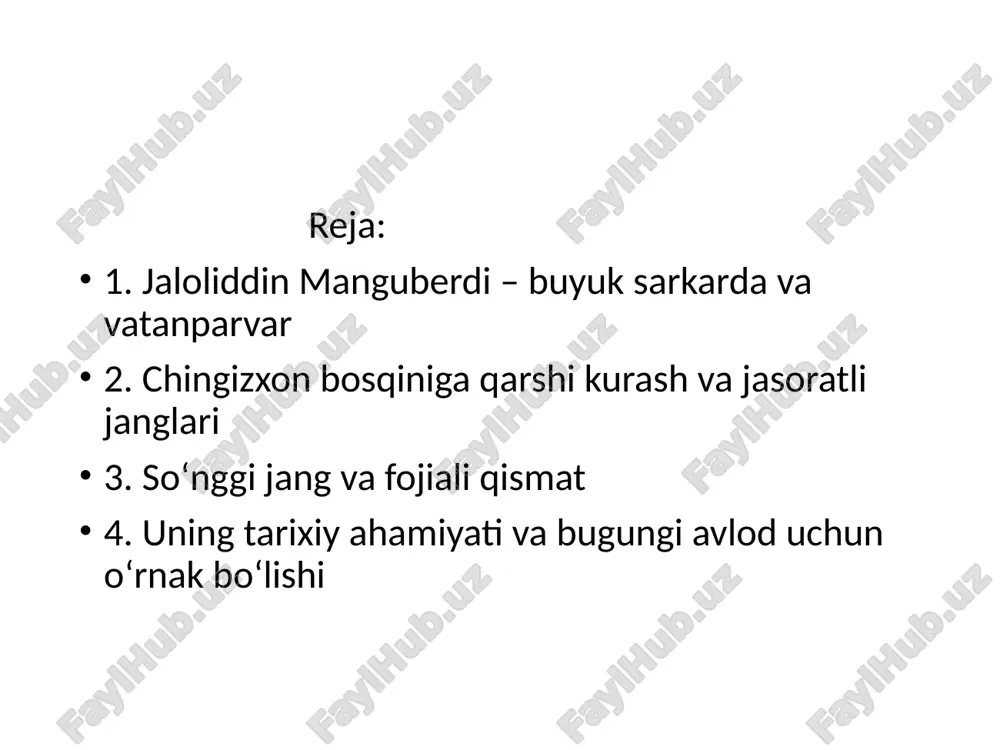 rshi kurashga rahbarlik. jaloliddin manguberdining diplomatik harakatlari murojaatlar qoshni davlatlardan yordam sorash. kelishuvlar harbiy ittifoqlar tuzishga harakat qilish. maqsad mogiullarga qarshi birlashgan front yaratish. qarshilikning davomi va qiyinchiliklar muvaffaqiyatsizliklar & harbiy ittifoqlarning yetarli bolmasligi. xiyonat i) ayrim mahalliy hokimlarning xiyonati. 7 qiyinchiliklar be oziq-ovgat, qurol-yarog' yetishmasligi. jaloliddin manguberdining o'limi va merosi olim 1231-yilda diyorbakirda nomalum askarlar tomonidan oldirilgan. qahramonlik mogiullarga qarshi kurashda korsatgan matonati. meros ozbek xalqining milliy qahramoni. xulosa va muhokama jaloliddin manguberdi — o'zbekiston tarixida ochmas iz qoldirgan shaxs. uning qahramonligi, vatanparvarligi va harbiy iste’dodi biz uchun ibrat namunasi bolib qoladi. uning hayoti va kurashi yosh avlodni vataniga muhabbat ruhida tarbiyalashda muhim ahamiyatga ega.