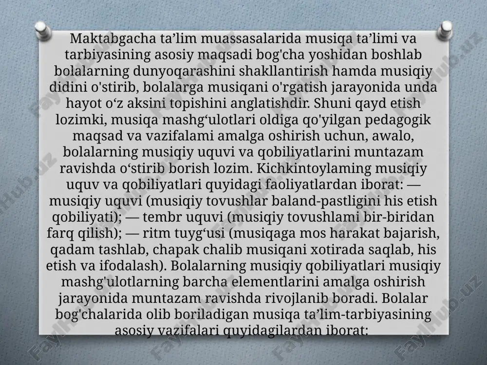 va ifodali kuylashga o‘igatish va odatlantirish; — musiqiy asarlardan zavq olishni, shu asosda musiqiy did va badiiy fikr yuritishni rivojlantirish; — musiqa mashg‘ulotlari jarayonida musiqiy asardagi badiiy obrazlami o‘yin va raqs shaldida ifoda etishga o'rgatish; — musiqa mashg'ulotlarida bolalami milliy qadriyatlarimiz bilan tanishtirish, milliy cholg'u sozlarimiz jo'rhgida milliy musiqiy-ritmik harakatlami bajarishga o'rgatish; — musiqa mashg'ulotlari mazmunini bog'cha hayoti bilan bog'lash, bog'chada o'tkaziladigan tadbirlarda o'rganilgan kuy va qo‘shiqlar bilan ishtirok etish. turli ertaliklar, konsertlar tashkil etish. musiqa mashg'ulotlarida bola hayotni, tevarak-atrofni musiqiy obrazlar orqali idrok etib boradi. bog'chada musiqiy tarbiya ishlari badiiy adabiyot va tasviriy san’at 4 bilan uzviy ravishda bog'langan holda amalga oshiriladi. turli metodlardan foydalanib o'tkaziladigan bar bir musiqa mashg'uloti kichkintoylarda badiiy-estetik zavq uyg‘otadi, ularning his-tuyg‘ularini shakllantiradi, ijodiy fikrlash qobiliyati va nuqtini o'stiradi. bundan tashqari musiqiy o'yinlar va raqslar bolalarda ritm tuyg'usi, chaqqonlik va harakatchaniik malakalarini shakllantirib, qomatning to‘g‘ ri o‘sishiga yordam beradi. bu bolaning aqliy va jismoniy rivojlanishida …