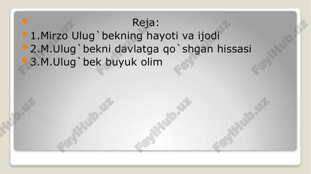 rzo ulugʻbek 1394-yil 22-martda bobosi turon hukmdori amir temurning besh yillik urushlari davrida sultoniya shahrida tugʻilgan. otasi shohrux mirzo, onasi turkiy qabila zodagonlaridan gavharshod begim boʻlgan. unga mirzo muhammad taragʻay ismi berildi. ulugʻbek asli ism emas, balki „buyuk hukmdor (bek)“ maʼnosini beruvchi taxallus edi. ulugʻbekning ustozi shoir va olim orif ozariy boʻlgan. bolaligida u yaqin sharq va hindistonning katta qismini kezib chiqdi, chunki bobosi bu hududlarda urushlar olib borgan. hindiston yurishi davrida bobosi amir temurni samarqanddan kobulgacha kuzatib borgan[11]. temur 1404-yilda xitoyga qarshi yurishidan oldin sayram, avliyoota va sharqiy hududlarni boshqarish huquqini nabirasi mirzo ulugʻbekka berdi[12]. bolaligida u yaqin sharq va hindistonning katta qismini kezib chiqdi, chunki bobosi bu hududlarda urushlar olib borgan. hindiston yurishi davrida bobosi amir temurni samarqanddan kobulgacha kuzatib borgan[11]. temur 1404-yilda xitoyga qarshi yurishidan oldin sayram, avliyoota va sharqiy hududlarni boshqarish huquqini nabirasi mirzo ulugʻbekka berdi[12]. bolaligida u yaqin sharq va hindistonning katta qismini kezib chiqdi, …
