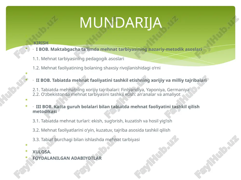 i – maktabgacha ta’lim tashkilotlarida katta guruh bolalarining tabiatda mehnat faoliyatini tashkil etishning nazariy va amaliy asoslarini o‘rganish, bolalarda mehnatsevarlik, tabiatga g‘amxo‘rlik bilan qarash, ekologik ong va mas’uliyatni shakllantirishning samarali metodlarini aniqlashdan iborat. kurs ishining vazifalari: mehnat tarbiyasining pedagogik-psixologik asoslarini o‘rganish; katta guruh bolalarining yosh xususiyatlarini hisobga olgan holda tabiatda mehnat faoliyatini tashkil etish shakllarini aniqlash; kurs ishining obyekti – maktabgacha ta’lim tashkilotlaridagi katta guruh bolalari. kurs ishining predmeti – bolalarni tabiatda mehnatga o‘rgatishning pedagogik texnologiyalari, metodlari va vositalari. i bob. maktabgacha ta’limda mehnat tarbiyasining nazariy-metodik asoslari. 1.1. mehnat tarbiyasining pedagogik asoslari mehnat tarbiyasi – bu bolani jismoniy va aqliy faoliyatga tayyorlash, u orqali axloqiy va ijtimoiy sifatlarni shakllantirishga qaratilgan tarbiyaviy jarayondir. bu jarayon bolaning ongli ravishda mehnatga bo‘lgan munosabatini, ijtimoiy faol pozitsiyasini, mustaqil fikrlash, jamoada ishlash, mas’uliyat, intizom, sabr-toqat, tozalik, poklik, tejamkorlik kabi xatti-harakatlarini rivojlantirishga xizmat qiladi. pedagogik nuqtai nazardan olib qaralganda, mehnat tarbiyasi insoniyat jamiyatida qadimdan mavjud bo‘lgan …