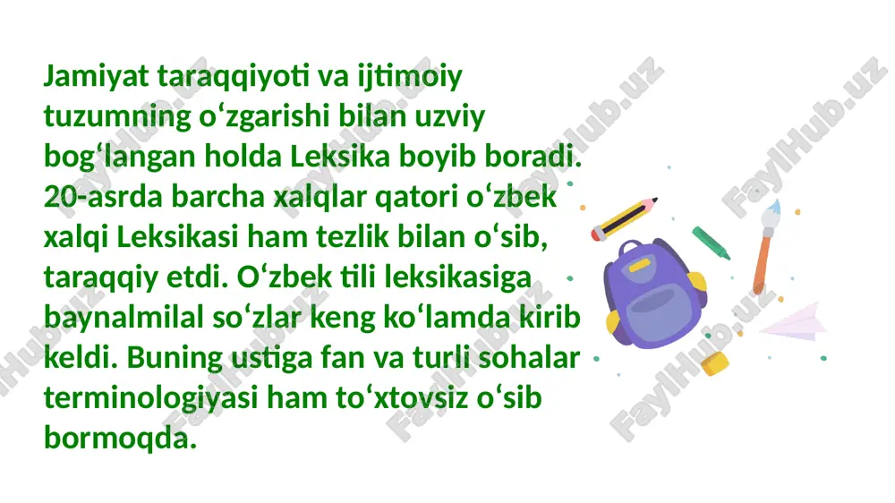 ha) , dudoq ( lab) , meng ( xol) , tilmoch ( tarjimon) payğom ( xabar) , gisu ( soch) bakovul ( oshpaz) bogʻot ( bogʻlar bogʻli joylar) lugʻaviy birliklar ishlatilish doirasi jihatdan 2 qatlamga ajratiladi: 1) ishlatilish doirasi chegaralanmagan soʻzlar. maʼnosi shu tilda soʻzlovchilar uchun tushunarli va umumqoʻllanish xususiyatiga ega boʻlgan soʻzlar umumisteʼmoldagi chegaralanmagan leksika sanaladi; 2) ishlatilish doirasi chegaralangan soʻzlar – til lugʻat tarkibining ajralmas qismi boʻlib, uning tarkibiga dialektal, terminologii kasb-hunar leksikasi, ilmiy atamalar, jargon va argolar, vulgarizm va varvarizmlar kiradi. eskirgan soʻzlar lugʻati al - qizil batsiq- gʻarb bilmon- bilmayman bōğu- dono ev- uy behbud - soğlomlik huvaydo- ayon ravshan art- tepa ,dovon butradi - tarqaldi,ketdi erik- mard ,botir , erkin kilk- qamish , qalam sanduğach - bulbul koʻch - urugʻ, zot uma- mehmon ōz- jon , vujud pesha- kasb , hunar yaği - yov, dushman sandiğach - sa' va asosiy adabiyotlar 1. sh. raxmatullayev – …