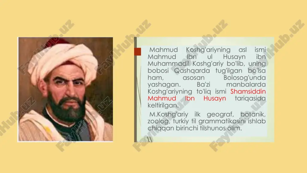 nid kelga she'rlaridan, shodlik va m sila kunlarida qo ‘llaniladigan hikmatli so ‘zlaridan, en" keltirdim». tashrif buyurish > rasmlar mualliflik huquqi bilan himoyalangan bollishi mumkin. batafsil any mahmud koshg'ariy «¢ ulashish mahe kos buxoro, gn etal en (ab fors, shee ys oes tilni mukamm« egallagan. u payige ota yore} fashiab ch aio ca ko'p_olkalarni kezadi va i. orga gj maabara hozir mozorh nomi bil ha khazrati mullom mashhur. ww ve ilmiy baza mahmud koshg'ariy muhammadil koshg‘arly bollib, uning bobosi qashgarde tugilgan bolsa | ham asesan mahmud koshg'ariyning ast ismi mahmud ibn ul husayn ibn roincaniinde fm boshi q qidiruv q sagqlash koshgiarlyning ‘bu asorida 20 ta turkly gabilctar nomi izohlari bilan keltiiigan. asarda —tutkiy. xalglar — turmush manzarolah bilan bog'iq bo'igan she'rly parchalar katta o'in egallaydi. | ularda xaigning urf-odati, tarzi, mashg'uloti, ishonch-e'tiqodiari ifodasi ochig ko'inadi., yigitiam! ishaa safarbar qlish, meva terish, ovchilikka da'vat kabi gadimgl turmush taridan olingan go'shialar …
