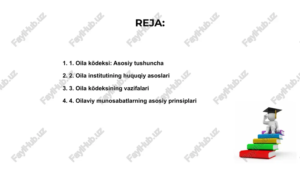 dan biri sanaladi. oila ichida nizolarning oldini olish, tushunish va murosa yo‘li bilan hal qilish prinsiplariga amal qilish iloji boricha muhim hisoblanadi. 5. nikoh munosabatlari va ularning tartibga solinishi 01. 02. 03. nikoh munosabatlari oila kodeksi asosida tashkil topadi. kodeksda er-xotin o‘rtasidagi huquqiy majburiyatlar aniq va tartibli belgilab qo‘yilgan. oila qurish jarayonida shaxslarning roziligi, yoshi va boshqa talablarga rioya qilish muhim. bu nikoh qonuniyligini ta'minlaydi. nikohni davlat ro‘yxatidan o‘tkazish huquqiy kuchga ega bo‘ladi. bu orqali oiladagi huquq va majburiyatlar tartibga solinadi hamda himoyalanadi. 6. bolalar huquqlari va ota-onalik majburiyatlari oila kodeksi bolalar huquqlarini ta’minlashda muhim hujjat hisoblanadi. u oilaviy munosabatlarni tartibga solish va himoya qilishga xizmat qiladi. bolalar ruhiy, jismoniy, intellektual rivojlanishlari uchun zarur shart-sharoitlar bilan ta’minlanishi oila kodeksida muhim majburiyat sifatida belgilanadi. ota-onalar bolalarini asrab-avaylab, ularga ta’lim-tarbiya berish, ularning huquqlarini hurmat qilishga qonuniy javobgar shaxslar hisoblanadi. 01. 02. 03. 7. moliya va meros masalalari oilada oila kodeksi oilaviy moliyaviy …