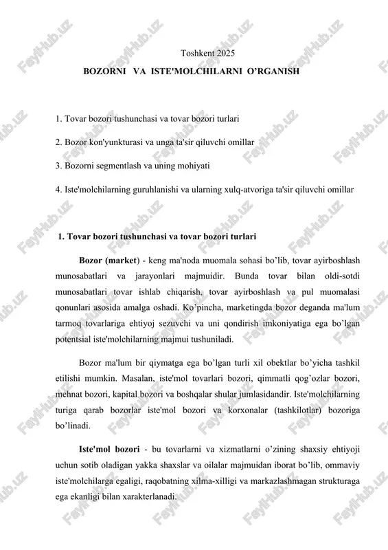 yoki ijaraga oluvchi hamma bo’g’indagi davlat tashkilotlari tushuniladi. ishlab chiqarish - texnik maqsadlarda foydalaniladigan mahsulotlar bozori kam sonli xaridorlarga egaligi, lekin tovarlarning katta miqdorda sotilishi bilan xarakterlanadi. bozorda kim etakchilik qilishiga qarab bozorlar "sotuvchi bozori" va "xaridor bozori"ga bo’linadi. "sotuvchi bozori" - unda tovarga bo’lgan talab taklifdan oshib ketadi. bunday bozorda sotuvchi hukmronlik qiladi, xaridorning esa faol ishtirokchi bo’lishiga to’g’ri keladi. bunday holatda "pul tovar orqasidan yuguradi". "xaridor bozori" - bunday bozorda taklif talabdan ko’p, shuning uchun xaridorlar (iste'molchilar) taklif etilayotgan tovarlar va xizmatlar orasidan hohlaganini tanlash imkoniyatiga ega. bunday bozorda xaridorlar ustunlikka ega bo’lib, ishlab chiqaruvchi va sotuvchilar bozorning eng faol ishtirokchilariga aylanadilar. bunday holatda "tovar pul orqasidan yuguradi". talab va taklifning miqdori va tarkibi jihatidan bir-biriga muvofiq kelishini "muvozanatli bozor" deb yuritiladi. muvozanatli bozorni ta'minlashning asosiy yo’llari quyidagilar hisoblanadi: ishlab chiqarishni talab darajasiga etkazish orqali bozorni to’yintirish; etarli darajada mahsulotlar zahirasini barpo etish; xaridorgir mahsulotlar narxini oshirish va …