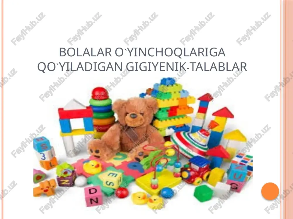 tanlanmasa yoki sifatsiz bo‘lsa, bolaning salomatligiga jiddiy xavf tug‘dirishi mumkin. bolalar o‘yinchoqlarining ahamiyati: 1. aqliy rivojlanish uchun foydasi: • konstruktiv o‘yinchoqlar (lego, kublar) bolada mantiqiy fikrlashni va muammolarni hal qilish ko‘nikmalarini rivojlantiradi. 2. ijtimoiy va hissiy rivojlanish: • rolli o‘yinchoqlar (qg‘irchchoqlar, oshxona to‘plamlari) bolani rollarni bajarishga, boshqalar bilan muloqot qilishga o‘rgatadi. 3. jismoniy rivojlanishga yordam: • harakatli o‘yinchoqlar (velosiped, to‘p) bolaning koordinatsiyasi va muskullarini mustahkamlashga xizmat qiladi o‘yinchoqlarning sog‘liq uchun xavflari: 1. kimyoviy xavf: • ba’zi arzon va sifatsiz o‘yinchoqlar toksik moddalardan (masalan, qo‘rg‘oshin, ftalatlar) tayyorlangan bo‘ladi. bu moddalar allergiya, gormon buzilishlari va hatto saraton xavfini keltirib chiqarishi mumkin. 2. mexanik xavf: • mayda qismlar bo‘lgan o‘yinchoqlar kichik yoshdagi bolalar tomonidan yutilib yuborilishi mumkin. 3. gigiyenik xavf: • yumshoq o‘yinchoqlar chang yig‘ib, allergiyaga sabab bo‘lishi mumkin. 4. akustik xavf: • juda baland ovoz chiqaradigan o‘yinchoqlar eshitish tizimiga zarar yetkazishi mumkin. san q va m № 0287-10 — “o‘yin va o‘yinchoqlarni …