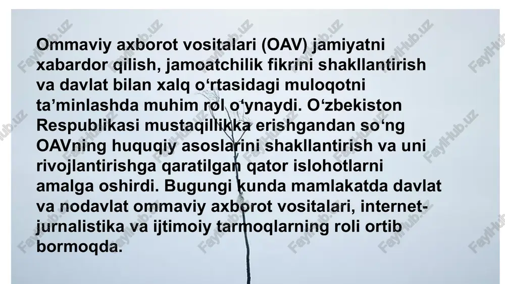radio, internet-jurnalistika va blogerlik kabi yo‘nalishlarda faoliyat yuritmoqda. 6 oavning asosiy vazifalari axborot yetkazish oav jamiyatga dolzarb yangiliklar, siyosiy, iqtisodiy va ijtimoiy jarayonlar haqida xolis ma’lumot yetkazadi. mamlakat va dunyodagi muhim voqealarni tezkor va to‘g‘ri yoritish orqali fuqarolarni xabardor qiladi. jamoatchilik fikrini shakllantirish oav jamiyatda dolzarb masalalar bo‘yicha muhokamalar tashkil qilib, fuqarolarning dunyoqarashini shakllantirishda muhim rol o‘ynaydi. 7 nazorat va jamoatchilik nazorati mustaqil jurnalistika orqali davlat organlari faoliyatining shaffofligini ta’minlashga yordam beradi. fuqarolar tomonidan ko‘tarilgan muammolarni ommaga yetkazish orqali ularning yechimini tezlashtirishga ko‘maklashadi. madaniy va ma’rifiy ahamiyat oav milliy an’analar va qadriyatlarni targ‘ib qilish, madaniyat va san’at rivojiga hissa qo‘shadi. aholining bilim darajasini oshirish maqsadida ma’rifiy va ilmiy materiallarni taqdim etadi. 8 oav erkinligi tushunchasi oav erkinligi quyidagi omillar bilan tavsiflanadi: axborotni izlash, olish, tarqatish va tahlil qilish imkoniyati. davlat idoralari va amaldorlarning faoliyati ustidan nazorat o‘rnatish. mustaqil jurnalistika va ijtimoiy fikr bildirish imkoniyatlari. o‘zbekiston respublikasi konstitutsiyasining 67-moddasida oav erkinligi …
