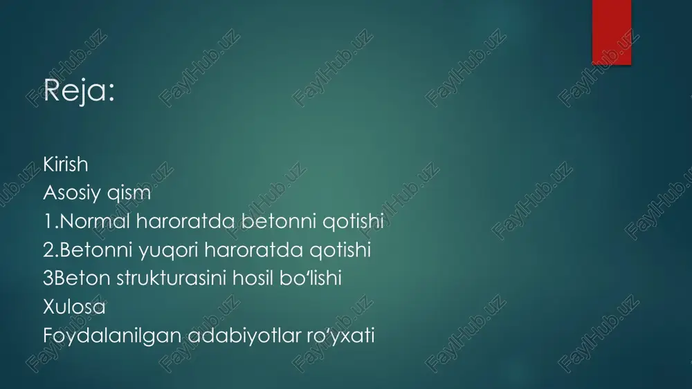 bug‘lash va elektr isitish. quruq va issiq iqlim sharoitida betonning qotishi quruq va issiq hududlarda kun davomida havo harorati soyada 35–40 °c gacha, ba’zi hollarda esa 45 °c gacha ko‘tariladi. havoning nisbiy namligi esa 15–20 % gacha kamayib ketadi. bundan tashqari, bunday hududlarda quyosh nuri juda kuchli bo‘ladi, quruq shamollar esadi, harorat va namlik kechayu kunduzda keskin o‘zgaradi hamda yog‘ingarchilik juda kam bo‘ladi. bunday sharoit beton ishlari texnologiyasiga, beton konstruktsiya va inshootlarning mustahkamligi va uzoq muddat xizmat qilishiga salbiy ta’sir ko‘rsatadi. natijada betonning xossalari o‘zgaradi, unda darzlar paydo bo‘ladi, deformatsiya kuchayadi. quruq va issiq iqlim sharoitlarini inobatga olmaslik konstruktsiya va inshootlarning sifatini keskin pasaytiradi, hatto ularning buzilishiga olib keladi. masalan, shimoliy qozog‘istondagi don ombori va bekobod sement zavodidagi sement omborlari buzilish sabablari o‘rganilganda, beton ishlari aynan yozning issiq va quruq faslida bajarilgani aniqlangan. shu sababli betonning fizik-mexanik xossalari me’yoridan ancha past bo‘lib chiqqan. masalan, beton mustahkamligi 20 mpa bo‘lishi kerak …