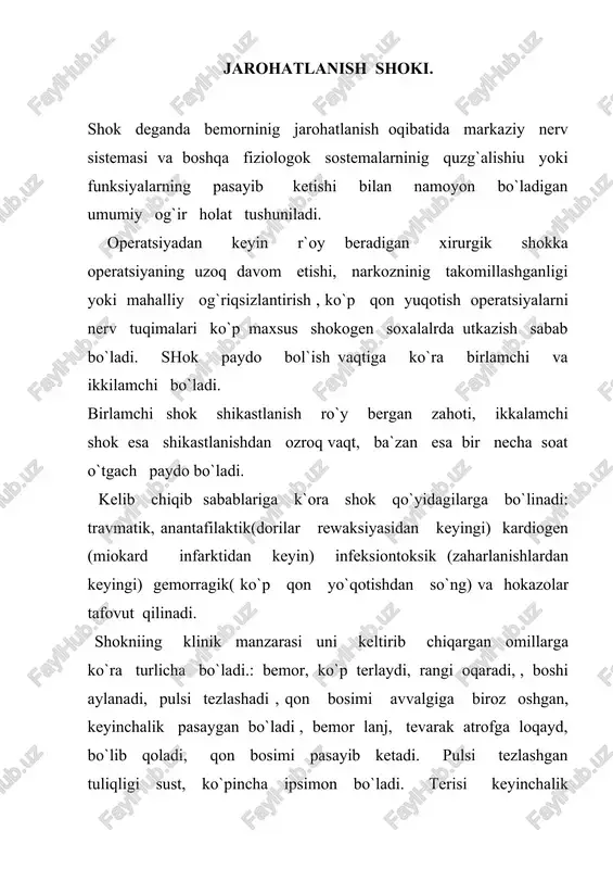 h uchun uni kelitirib chiqargan omillarga asoslaniladi. travmatik shikda og`riqsizlantiradigan dorilar narkotiklar anafilaktik shokda – aller giyaga qarshi dorilar- dimedrol, suprastin, tavegil, kalsiy xlorid , prednizolon… kardiogen shokda- yurak- tomir sistemasini stimullovchi va qon bosimini ko`taruvchi dorilar, gemoraggik shokda- qon oqishini tuxtatish, tomirga qon, plazma va qon o`rnini bosuvchi shokka qarshi suyuqliklar quyish, bundan tashqari simptomatik davolash bilan bemorninig ahvoli yahshilanadi. ezilish sindromi oyoq - qullar tananing boshqa qismlari yumshoq tuqimalarninig zilzila vaqtida, bosib qolishda va boshqalarda uzoq muddatgacha turli narsalar (daraxt, toshlar, beton plitalar, uta og`ir buyumlar va hokazo) ostida bosilishi oqibatida yuz beradigan ma`lum simptomlar kompleksi e z i l i sh sindromi deyiladi. yoki shikastlanish taksikozi deyiladi. bunda muskullar teri osti yog` kletchatkasi tomirlar va nervlar suyaklar majaklanadi va sinadi. uzoq vaqt ezilish natijasida muskullar va boshqa tuqimalar qonga yolchimay qoladi natijada bu tuqimalarda nekroz boshlanib tuqimalar o`la boshlaydi va uzidan zaharli moddalar ajratadi. so`ng to`qimalarda yig`ilgan …