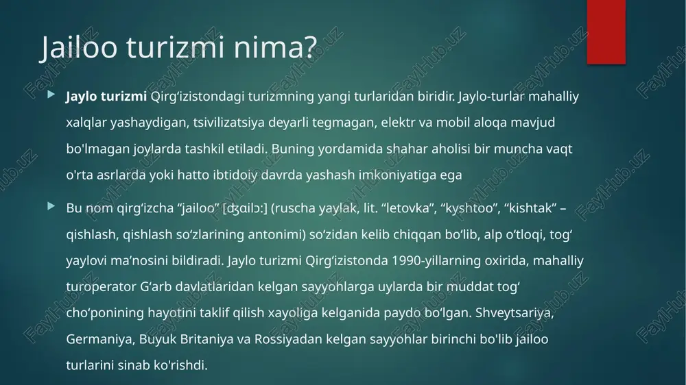abilalar) bilan birga yashash. texnogen falokat sodir bo'lgan joylarga tashrif buyurish. deyarli odam oyog'i bosmagan olis joylarga chodirlar bilan yurish. qirg'izistondagi jailoo turizmining mashhur joylari soʻngʻul koʻli atrofidagi hudud. alp ko'li so'n-ko'l dengiz sathidan 3000 metrdan ortiq balandlikda joylashgan bo'lib, yilning ko'p qismini muz bilan qoplaydi. ko'l atrofidagi yaylovlardan cho'ponlar avloddan-avlodga foydalanganlar: yoz boshida bu yerga chorva mollarini olib kelishadi, o'zlari esa oilalari bilan butun mavsum davomida uylarda joylashadilar. semyonovskoe darasi. daraning uzunligi 30 km ga yaqin. bo'ronli tog'li oq-suv daryosi eng toza muzlik suvi bilan daraning tubida oqadi va yon bag'irlarida ulug'vor tyan-shan archalari ko'tariladi. darada “chernobil” tashlandiq dam olish va reabilitatsiya markazi joylashgan. besh posyolkasi - tosh va dara. daralarni oʻz ichiga oladi: koʻlba, besh-tosh, urmaral va shoxlari boʻlgan kumush-togʻ. bu daralarda bir xil nomdagi daryolar keng tarmoqlangan irmoqlar tarmog'i bilan oqadi. hudud chuqur jarliklar bilan kesilgan. amerikalik fotograf qamoqxonada yashadi: qirg'izistonni qanday eslaydi “ikkinchi safarimning boshida men …