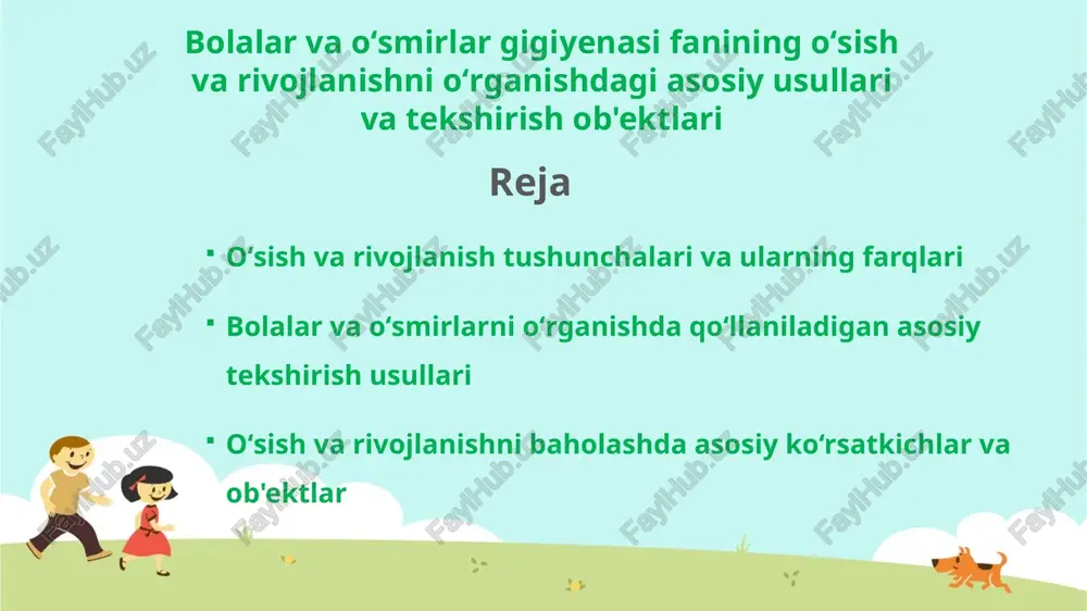 lar: aqliy rivojlanish, diqqat, xotira va stressga chidamlilikni baholash. yosh guruhlariga mos testlar orqali kognitiv va emotsional holat aniqlanadi. epidemiologik usullar: bolalar va oʻsmirlar orasida kasalliklar tarqalishini, gigiyena sharoitlarining ta’sirini oʻrganish. statistik tahlil va soʻrovnomalar yordamida ommaviy ma’lumotlar yigʻiladi. laboratoriya usullari qon, siydik va boshqa biologik materiallar tahlili orqali organizmning ichki holati (vitaminlar, minerallar, gormonlar darajasi) aniqlanadi. sotsiologik usullar ota-onalar, oʻqituvchilar va bolalarning turmush tarzi, ovqatlanish odatlari va gigiyena bilimi haqida soʻrovlar oʻtkaziladi. eksperimental usullar muayyan gigiyenik sharoitlar (masalan, maktab muhitidagi havo sifati, yorugʻlik) bolalar rivojlanishiga ta’sirini oʻrganish uchun tajribalar oʻtkaziladi. o‘sish va rivojlanish davrida barcha a‘zolar va sistemalarning morfologik hamda funksional faoliyati davom etadi. skelet suyaklari takomillashadi, doimiy tishlar chiqadi, organizm to‘qimalari tarkibidagi suv miqdori o‘zgaradi. balog‘atga yetish davridan keyin o‘sish va rivojlanish ham to‘xtaydi. bola organizmining o‘sishi va rivojlanishi bevosita tashqi muhit ta‘sirida kechadi, bu jarayon markaziy nerv sistemasi va birinchi navbatda, bosh miya ishtirokida amalga oshiriladi. bola …
