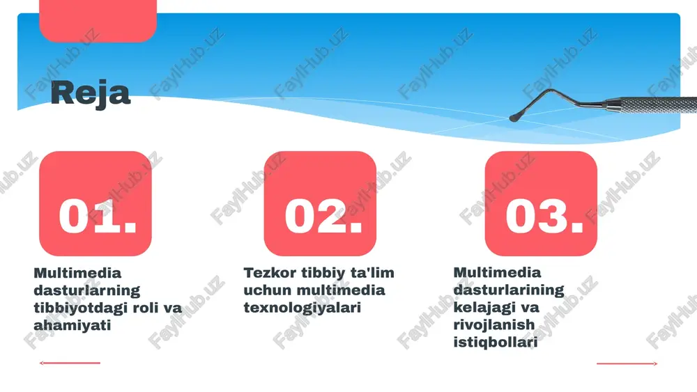 mavjud, bu esa integratsiya jarayonlarini murakkablashtiradi. ikkinchidan, foydalanuvchilar uchun o'qitish va tayyorlash jarayoni zarur bo'lib, bu ko'pincha vaqt va resurslarni talab qiladi. ushbu muammolarni bartaraf etish uchun birinchi navbatda, ilg'or texnologiyalarni birlashtirish uchun standartlar ishlab chiqilishi kerak. shuningdek, foydalanuvchilarni tayyorlash uchun samarali trening dasturlari tashkil etilishi lozim. bunga qo'shimcha ravishda, multimedia dasturlarining samaradorligini oshirish uchun foydalanuvchilardan feedback olish jarayonini yo'lga qo'yish muhimdir. tezkor tibbiy ta'lim uchun multimedia texnologiyalari multimedia texnologiyalari tibbiyotda ta'lim jarayonini sezilarli darajada o'zgartirmoqda. ular interaktiv va vizual materiallar yordamida o'quvchilarga murakkab tibbiy tushunchalarni yaxshiroq anglash imkonini beradi. masalan, simulyatsiya dasturlari va videolar yordamida amaliy ko'nikmalarni o'rganish jarayoni yanada qiziqarli va samarali bo'ladi. multimedia dasturlarining afzalliklari orasida o'quvchilarning motivatsiyasini oshirish, o'z-o'zini o'rganish imkoniyatlarini kengaytirish va ta'lim jarayonini shaxsiylashtirish mavjud. shu bilan birga, tibbiyotda multimedia texnologiyalarining joriy etilishi, kasbiy tayyorgarlik va bemorlarni davolash jarayonida ham muhim ahamiyatga ega bo'ladi. multimedia dasturlarining tibbiyotga ta'siri multimedia dasturlari tibbiyot ta'limida asosiy rol …