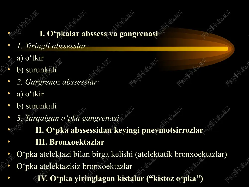 sullari ikkala o‘pka polikistozi chap o‘pka polikistozi bronxoektatik kasallik - bu bronx – o‘pka apparatining surunkali yallig‘lanish kasalligi bo‘lib, bronxlar devori elastik va yumshoq, mushak komponentlarining destruksiyasi munosabati bilan bronxlar kengayishidan iborat axoli orasida bugungi kunda tarqalishi 0,3—1,2% tashkil qiladi. kasallik kuprok yoshlikda boshlanadi (5—25 yosh). bronxlar devori elastik va yumshoq, mushak komponentlarining destruksiyasi munosabati bilan bronxlar kengayishidan iborat bronxoektazlar o‘pkalarni paski bo‘lagida joylashgan bronxoektazlar oqibatida yoshlik davrda rivojlanadigan kasallik xisoblanadi bronxoektatik kasallik etiologiya va patogenez bek bronxial o‘tkazuvchanlik buzilishi bilan birgalikda obturatsion atelektazlar rivojlanishi (o‘smma, yiringli probka, yot jism yoki shilliq qavtni shishi, surafaktantni aktivligini pasayishi) bronxlar obturatsiyasi bo‘lgan joydan distalroq yiringli jarayon o‘tkazgan nafas yullari kasalliklari (o‘tkir pnevmoniya, qizamiq, koklyush) irsiyatga bog‘liq bo‘lgan bronxlar devoralarini zaifl etiologiya va patogenez bronxlar kengayishi va bronxial ajralmani qîëèá êåòèøè yallig‘lanishka olib keladi. keyinchalik yallig‘lanish kuchayganda bronxlarda qàéòìàéäèãàí ¢çãàðèøëàð rivojlanadi va bronxoektazlar paydo bo‘ladi. bronxlar zararlanish bosqichlari yuzaki bronxit panbronxit va peribronxit …