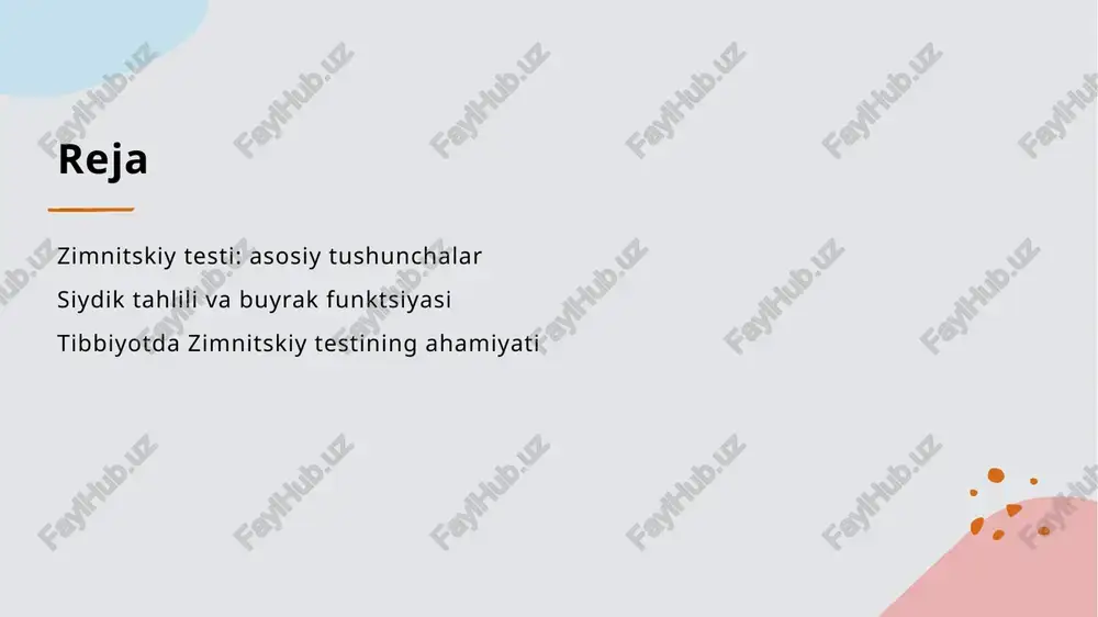ashtirishda qo'llaniladi. zimnitskiy test natijalari urinaliz bilan birga tahlil qilinishi kerak. ular buyrak salomatligi haqida batafsil ma'lumot beradi va kasalliklarni aniqlashda yordam beradi. siydik tahlilining buyurak funktsiyasiga ta'siri va ahamiyati. siydik tahlili ahamiyati buyrak funktsiyasini baholash klinik ahamiyat siydik tahlili buyrak funktsiyasini baholashda muhimdir, chunki u organizmda suyuqlik va elektrolitlar muvozanatini aniqlash imkonini beradi. zimnitskiy testi orqali buyraklarning konsentratsiya va dilüsiya qobiliyatlari sinovdan o'tkaziladi, bu esa ularning umumiy sog'lig'ini ko'rsatadi. siydik tahlili natijalari buyrak kasalliklarini erta bosqichda aniqlashga yordam beradi, shuningdek, davolash strategiyalarini belgilashda muhim rol o'ynaydi. zimnitskiy testi: siydik tahlili orqali buyurak salomatligini baholash. 1 zimnitskiy testi haqida zimnitskiy testi buyrak funktsiyasini baholash uchun mo'ljallangan urinishdir. u siydikning konsentratsiyasini o'lchash orqali buyraklarning ishini aniqlaydi. 2 siydik tahlili jarayoni testning jarayoni, 24 soat davomida siydikni yig'ish va har bir namuna uchun suyuqlik iste'moli bilan bog'liq. bu natijalar to'g'ri baholanishi uchun muhim. 3 natijalar va tahlil test natijalari siydikning konsentratsiya ko'rsatkichlarini …