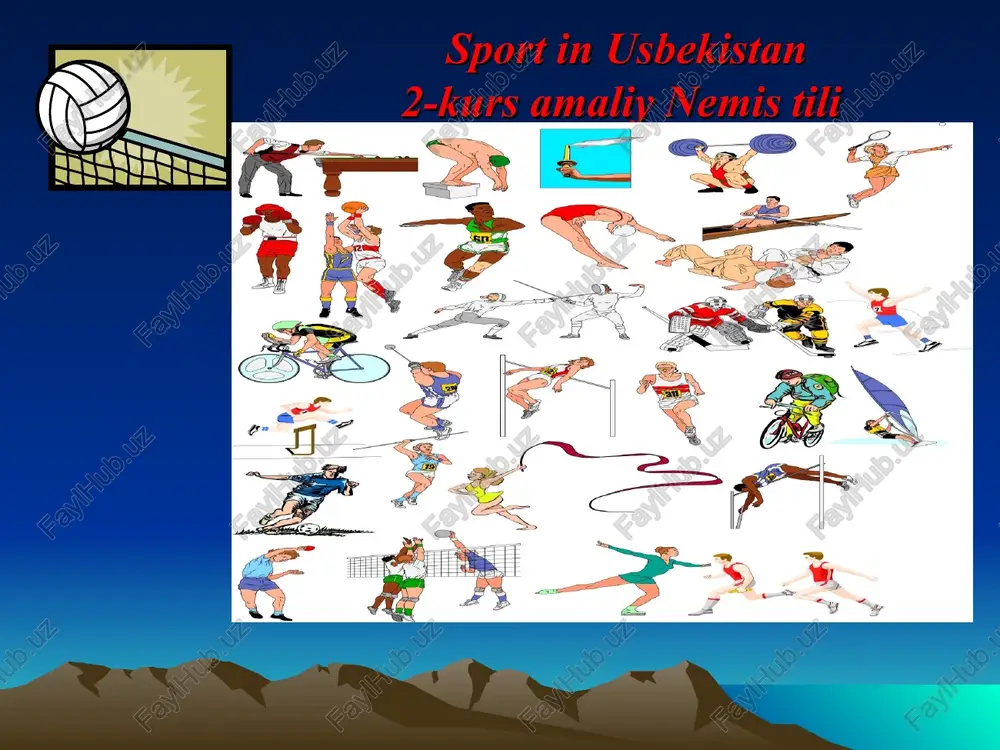 wir schnee genug, um zu robeln und schlittschuh zu laufen. auberdem gibt es in unserer hauptstadt taschkent einen eispalast, wo wir auch eiskunstlaufen treiben konnen. die schonste fur den sport ist der sommer. in stadien und auf sportplatzen usbekistans spielt man fubball, volleyball, handball, basketball, tennis. der sport schenkt unserem korper schonheit und freude. immer mehr menschen finden freude an sport. morgens und abends kann man menschen durch parks in den stadien und staben laufen sehen. es gibt verschiedene sportklubs und sektionen um sport zu treiben. man schekt dem sport in unserem land grobe aufmerksamheit. jahrlich finden wettkampfe, spartakiaden und olympiaden statt. der usbekische nationalsportart kurasch (eine art ringkampf) ist heute schon von der gazen welt anerkantt. die usbekischensportler haben unser land der ganzen welt bekanntgemacht. die namen der usbekischensportler wie artur grigoryan (boxen), iroda tulaganova (tennis), schuchrat chodshaev (samwo), unser landmann erkin kutibayev (kikboxing), oksana tschusovitina (gymnastik) und anderer …