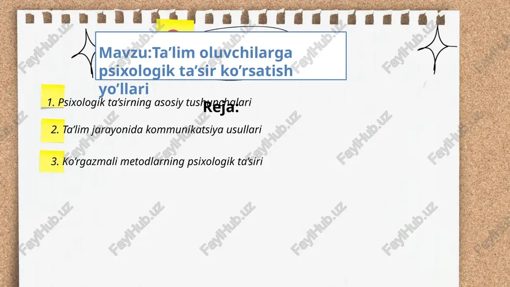 va veb-seminarlar orqali masofaviy ta’limda 60% ortiqcha vaqt qisqartiriladi. 2019-yilda talabalarning 75%i o‘zaro guruhli ishlash usullari orqali bilimlarni samaraliroq egallagan. matn, tasvir va ovozli qaydlar orqali kommunikatsiya turli usullarining kombinatsiyasi 30% ortiq natija beradi. kompaniya hodisalari audio va video konferensiyalar orqali optimallashtiriladi. ... t.me/slaydai_bot ko'rgazmali metodlar ta'lim jarayonida o'quvchilarning materialni yaxshiroq tushunishiga yordam beradi. ularning psixologik ta'siri ko'pincha pozitiv bo'lib, diqqatni oshiradi va qiziqishni rag'batlantiradi. tadqiqotlar shuni ko'rsatadiki, vizual taqdimotlar orqali ma'lumotlarni eslab qolish darajasi taxminan 65 foizga ortadi. shuningdek, ko'rgazmali metodlar 30 foizgacha vaqtni tejaydi, chunki ular yordamida murakkab tushunchalarni tezroq va aniqroq tushuntirish mumkin. o'quvchilarni mavzuga jalb qilish imkoniyati ham 70 foizga ko'tarilishi mumkin. vizual o'quv materiallari bolalar va kattalarning qiziqish va ijodkorligini oshirishda samarali omil hisoblanadi. bu metodlar nafaqat ta'limda, balki ta'limdan tashqari sohalarda ham foydali bo'lishi mumkin. ... t.me/slaydai_bot 4. motivatsiya va uni oshirish strategiyalari motivatsiya shaxs va jamoa faoliyatini rag'batlantirishda muhim omil hisoblanadi. uni oshirish …