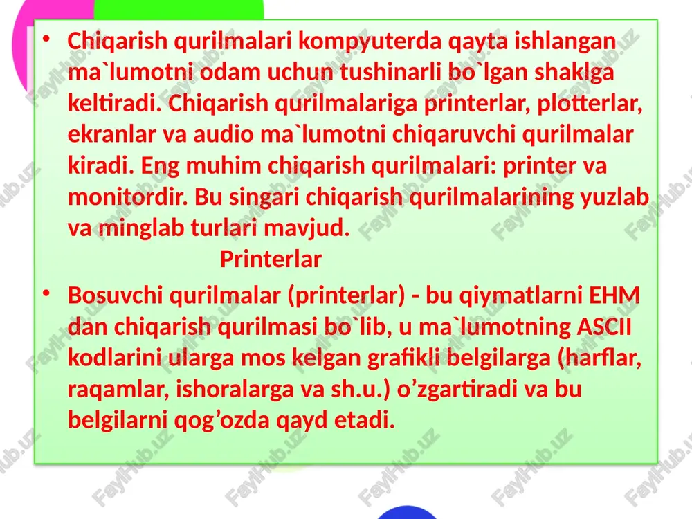ish belgi bo’yicha, satr va sahifa bo'yicha bo’lishi mumkin. bosish tezligi sekundiga 10-300 ta ishoradan (zarbli printerlar) sekundiga 500-1000 tagacha va hattoki sekundiga bir necha o’nlab (20 tagacha) sahifalargacha (zarbsiz lazerli printerlar) oraliqda; o’tkazish qobiliyati millimetrda 3-5 nuqtadan millimetrda 30-40 nuqtagacha bo’ladi (lazerli printerlar). matnli bosish uchun umumiy holda turlicha bosish sifati bilan tavsiflanuvchi quyidagi rejimlar bor: - homaki bosish rejimi (draft); - bosmaxonanikiga yaqin bosish rejimi (nlq – near letter quality); - bosmaxonaniki kabi bosish rejimi (lq- letter quality); - yuqori sifatli bosish rejimi (slq- supper letter quality). printerlar, odatda, ikki rejimda - matnli va grafikli rejimlarda ishlashi mumkin. matnli rejimda printerga bosilishi kerak bo’lgan belgilar kodi yuboriladi, shu bilan birga belgilar konturi printerning ishora generatoridan tanlab olinadi. grafikli rejimda printerga tasvir nuqtalarining ketma-ketligi va joylashgan joyini aniqlovchi kodlar yuboriladi. matnli rejimda printerlar odatda bir nechta shriftlarni va ularning turli ko`rinishlarini qo'llaydi, ularning ichida roman (yozuv mashinkasining mayda shrifti), …