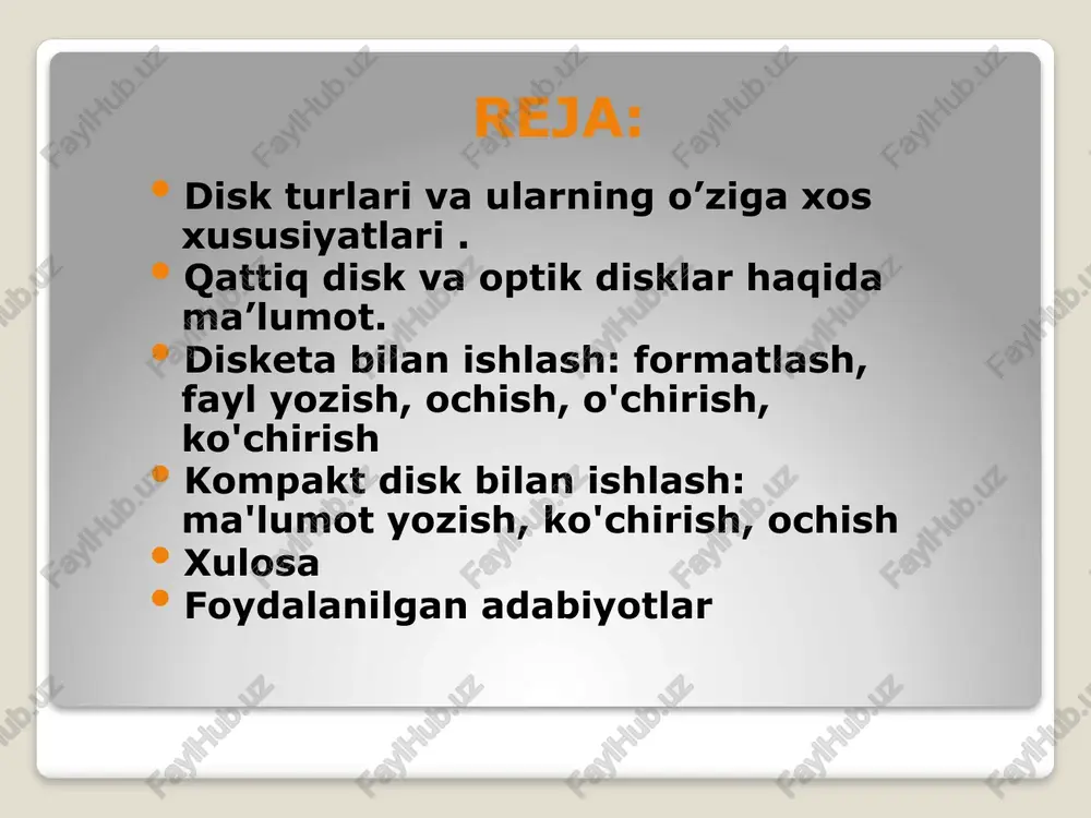 ni olib yurish uchun ishlatiladi. qattiq disk (hard disc) qattiq disklar uch turda bo’ladi: ichki qattiq disk, qattiq disk, katrij va qattiq disk paketi. flupy disklar ingichka egiluvchan plastmassali disklardan foydalangan bir paytda, qattiq disklar biroz qalinroq, o’tkir uchli metallik qattiq disklardan foydlanadilar. egiluvchan disklar egiluvchan disklar hozirgi kunda kamayib ketgan. 1.44 mb hajmga ega bo‘lib, ma’lumotlarni bir necha martta o‘qib, yozish uchun ishlatiladi. unchalik ishonchli emas, magnit plyonkalar ham yupqa bo‘lib, juda tez ishdan chiqish ehtimoli katta. tashqi ta’sirlarga umuman bardoshli emas. compact disk cd quyidagi xarakteristikalarga ega. diametri 4.72 dyuym va qalinligi 0.05 dyuymli plastik diskdan iborat, markazida diametri 0.6 dyuymli teshikcha bor. yuzasi ikki qatlamdan iborat.ularning350mbayt va 700mbayt hajmga ega turlari mavjud. ularning 2 xil turi mavjud. cd-r-o’qish uchun mo’ljallangan kompakt disk.unga faqat bir marotaba ma’lumot yoziladi va uni o’chirib bo’lmaydi. cd-rw-o’qish va yozish uchun mo’ljallangan ,unga ko’p martalab ma’lumotni yozish va o’chirish mumkun mumkun .cd larni …